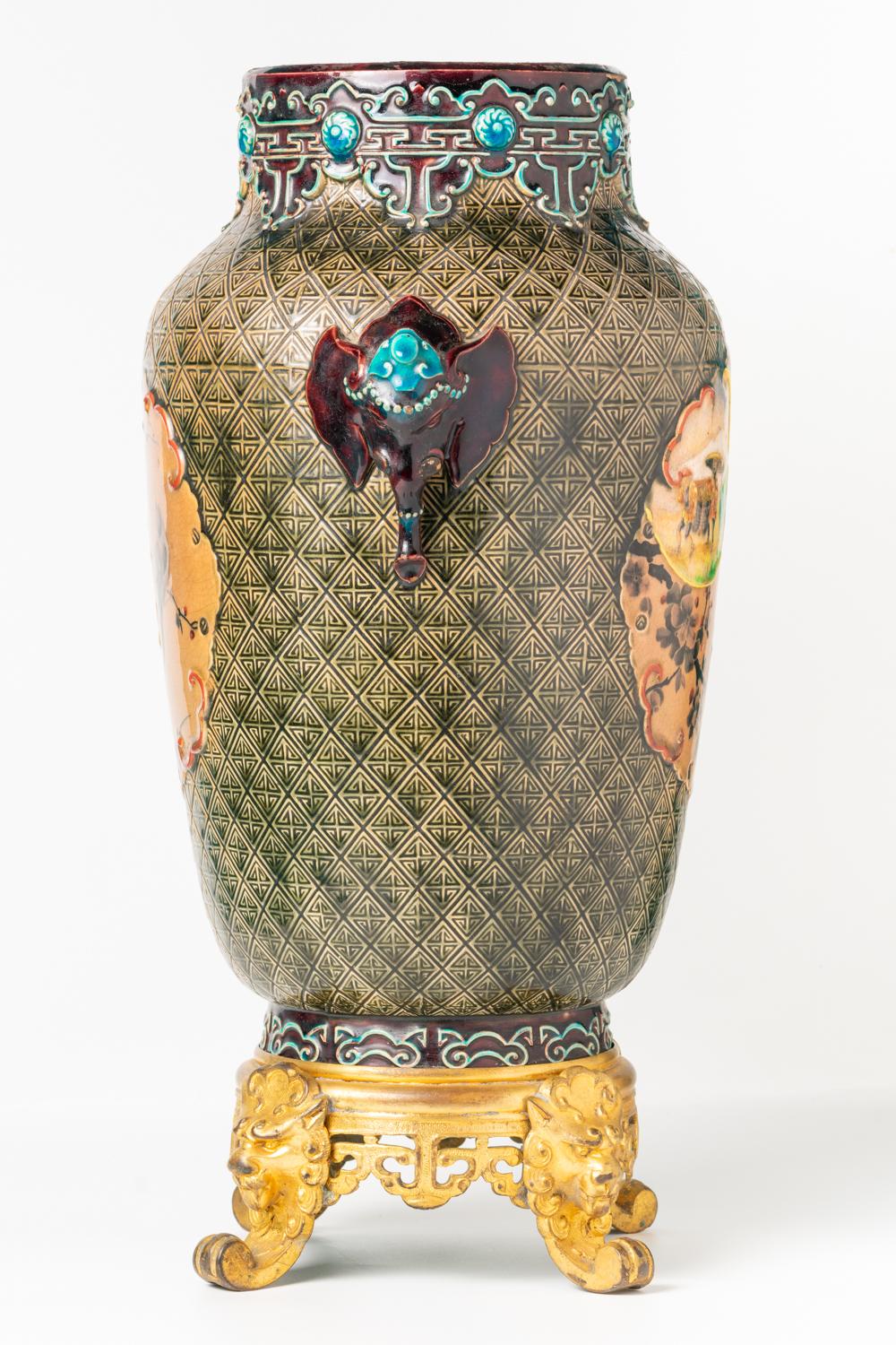 Antique Japonisme Ceramic And Ormolu Vase By Jules Vieillard & Co, Bordeaux For Sale 2