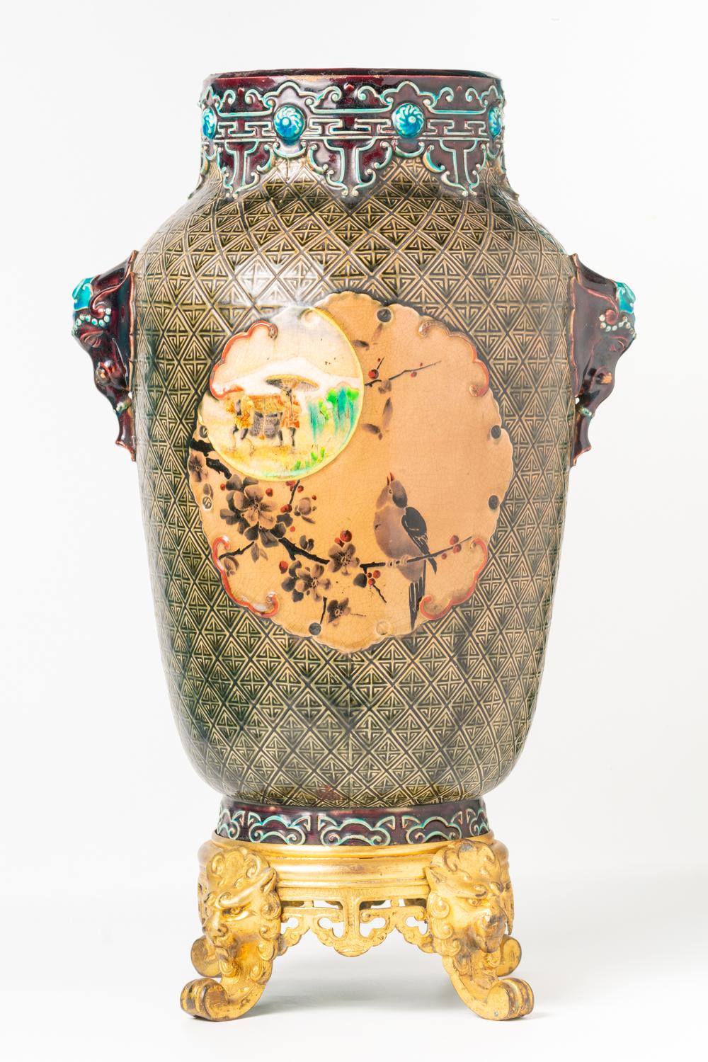 Antique Japonisme Ceramic And Ormolu Vase By Jules Vieillard & Co, Bordeaux For Sale 3