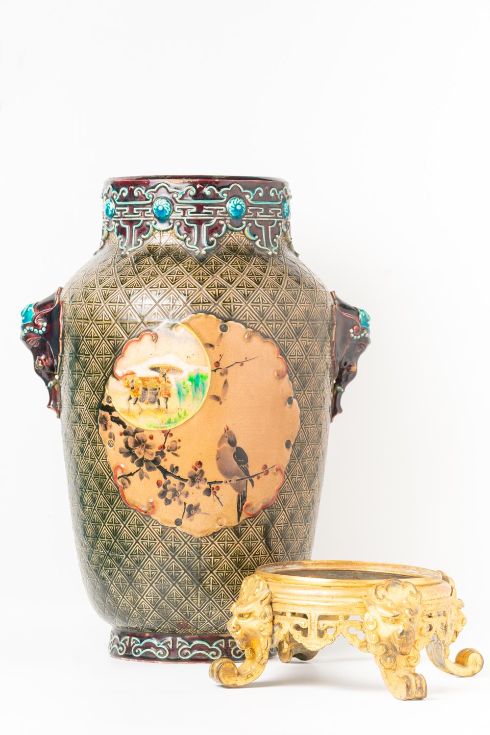 Antique Japonisme Ceramic And Ormolu Vase By Jules Vieillard & Co, Bordeaux For Sale 4