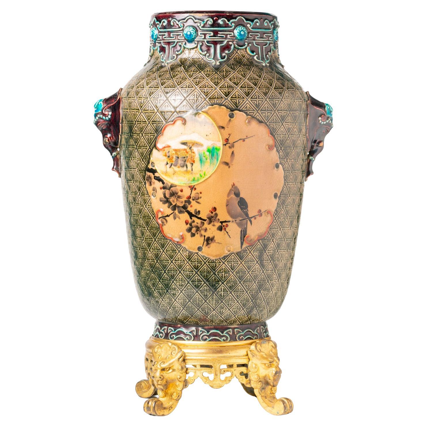 Antique Japonisme Ceramic And Ormolu Vase By Jules Vieillard & Co, Bordeaux For Sale