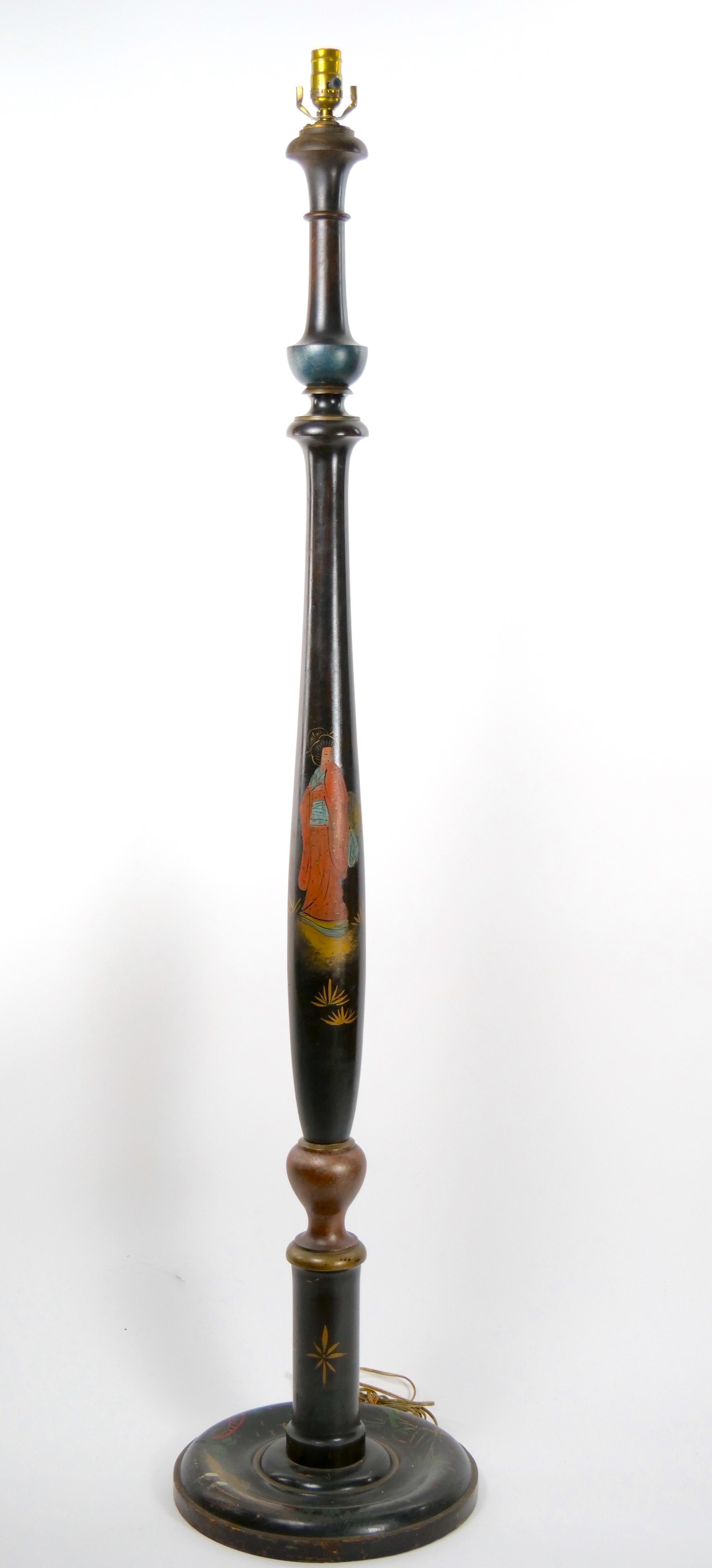 Hand-Carved Antique Japonisme / Chinoiserie Hand-Painted Wooden Floor Lamp For Sale
