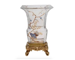 Vase japonais ancien en verre de Baccarat et bronze