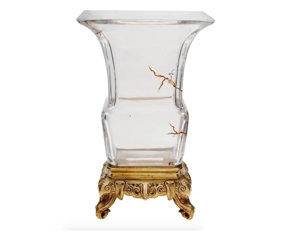 19th Century Antique Japonisme French Baccarat Glass Bronze Vase For Sale