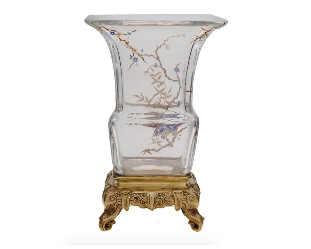 Antique Japonisme French Baccarat Glass Bronze Vase For Sale 1