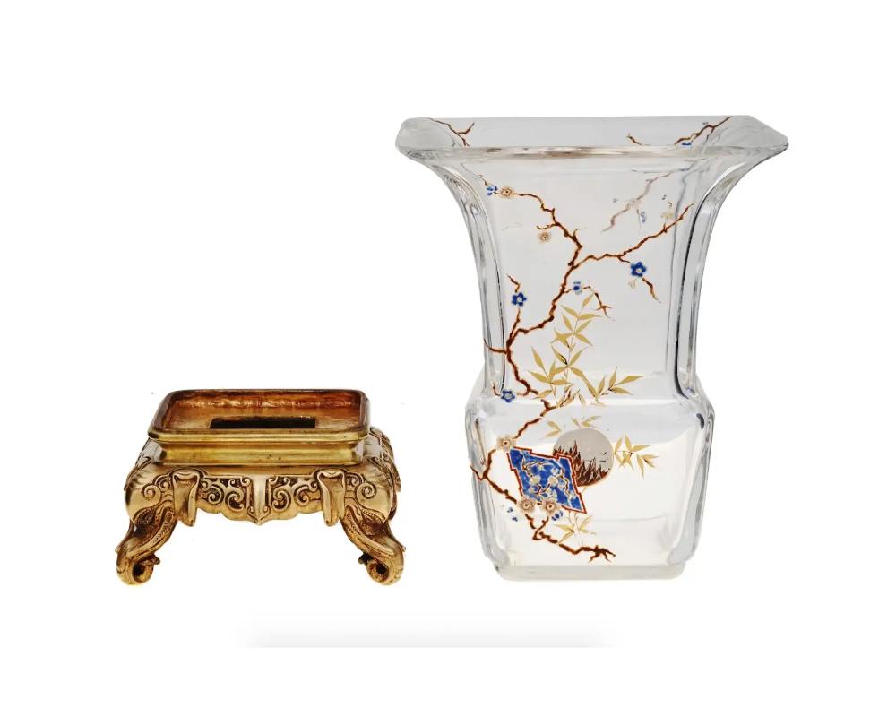 Antique Japonisme French Baccarat Glass Bronze Vase For Sale 2