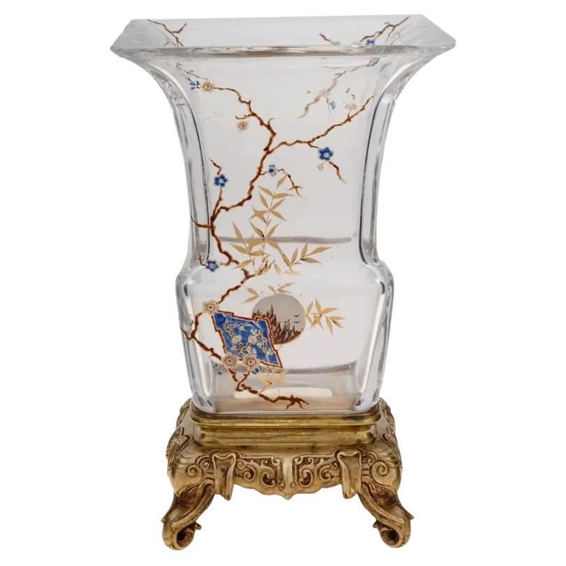 Antique Japonisme French Baccarat Glass Bronze Vase For Sale