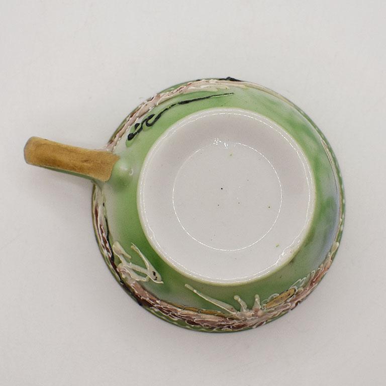 Japanese Antique Japonisme Moriage Dragon Ware Cup and Saucer Set in Lime Green