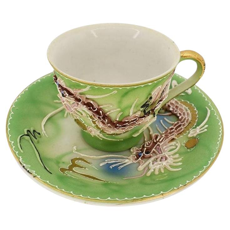 Antique Japonisme Moriage Dragon Ware Cup and Saucer Set in Lime Green