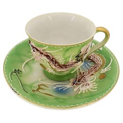 Antique Japonisme Moriage Dragon Ware Cup and Saucer Set in Lime Green