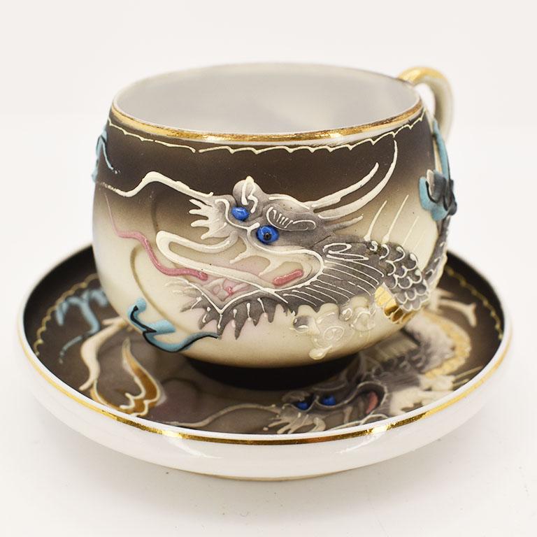Antique Japonisme Moriage Dragon Ware Cup and Saucer Set with Lithophane Geisha 1