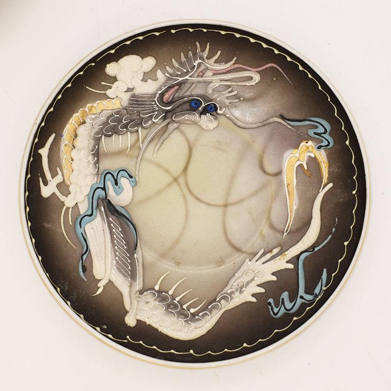 Antique Japonisme Moriage Dragon Ware Cup and Saucer Set with Lithophane Geisha In Good Condition In Oklahoma City, OK