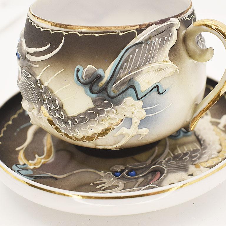 Gold Antique Japonisme Moriage Dragon Ware Cup and Saucer Set with Lithophane Geisha