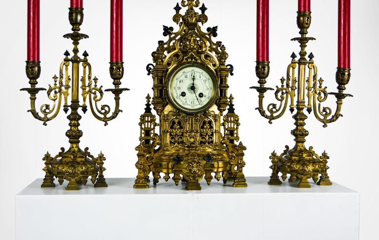 Baroque Antique Japy Frere Mantle Clock and Garnitures Set, circa 1870s For Sale