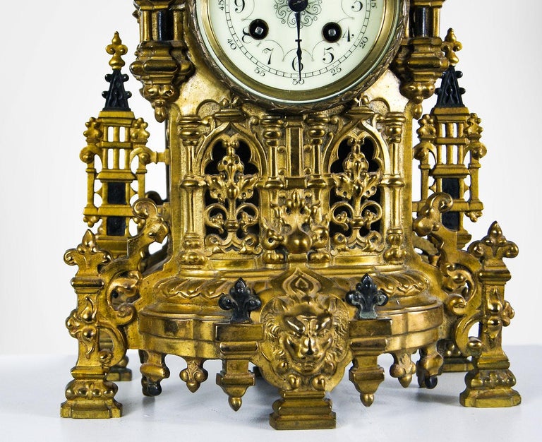 Champlevé Antique Japy Frere Mantle Clock and Garnitures Set, circa 1870s For Sale
