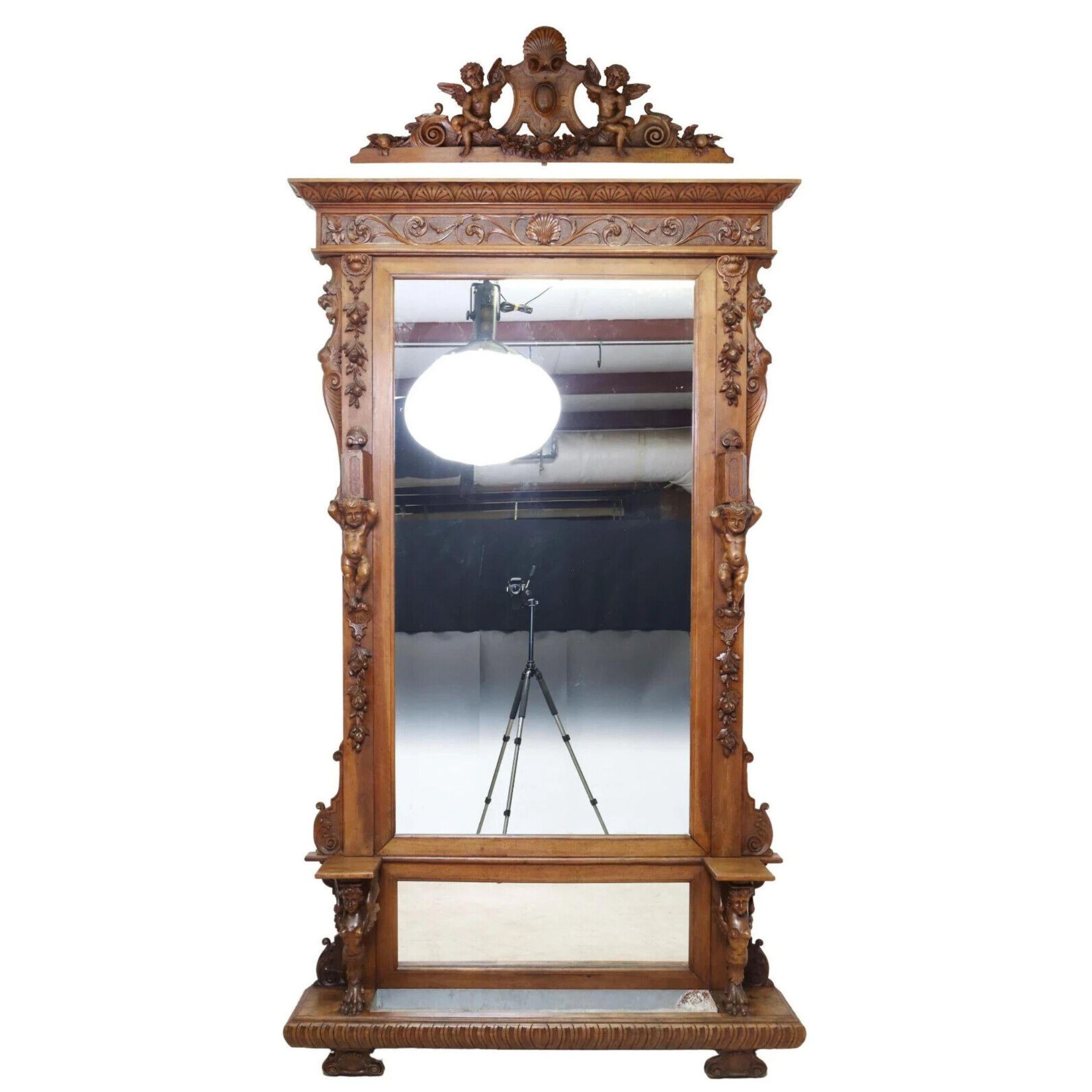 Stunning  Antique Jardinere, Italian, Renaissance Revival Mirrored, Crest, Cornice, 1800s, 19th Century!

This antique hall tree is a stunning piece of Italian Renaissance Revival carved walnut furniture, perfect for adding a touch of elegance to