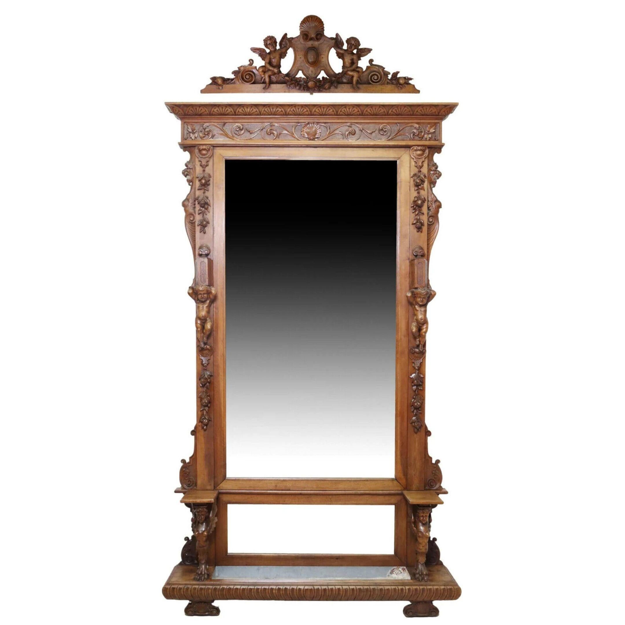 Carved Antique Jardinere, Italian, Renaissance Revival Mirrored, Crest, Cornice, 1800s! For Sale