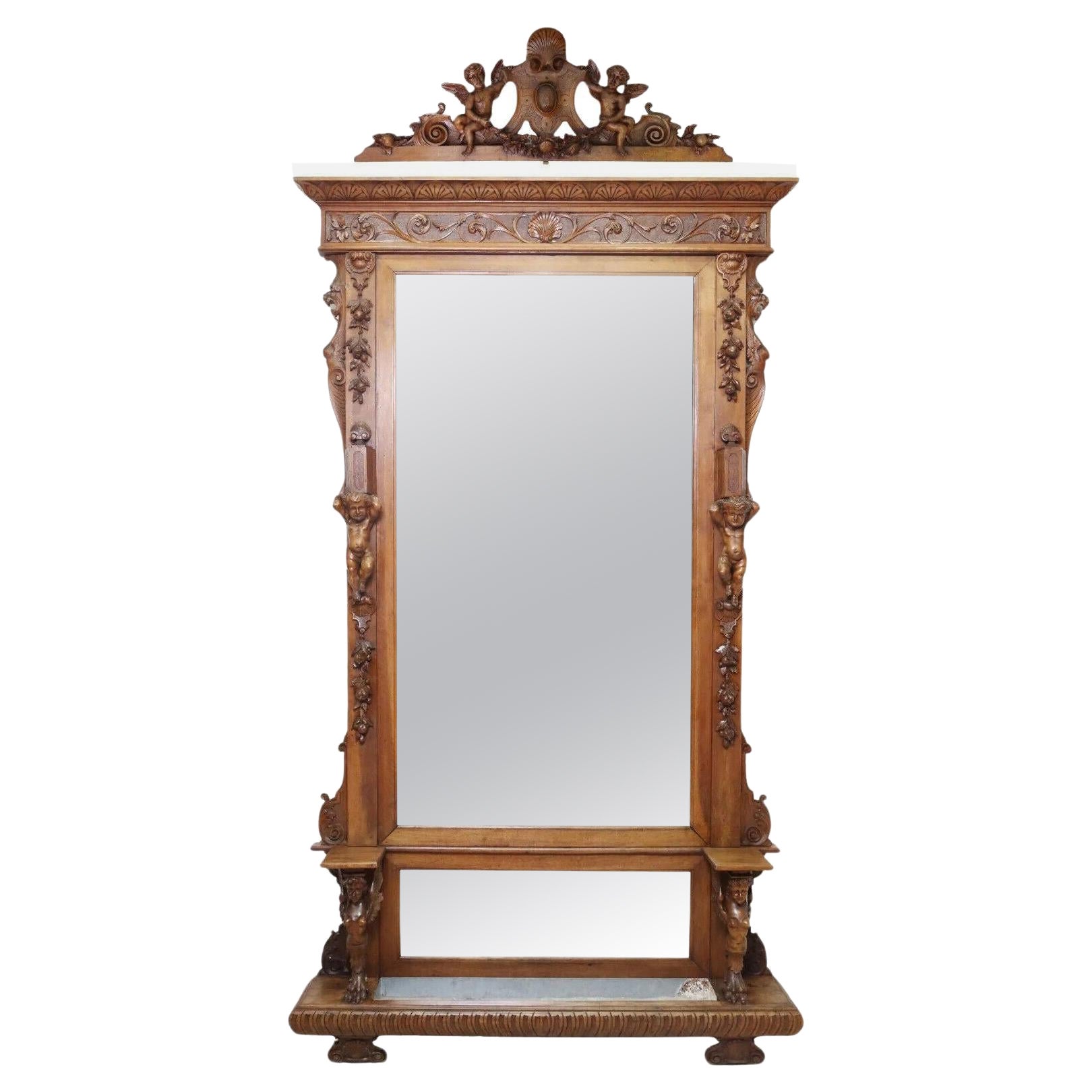 Jardinière ancienne italienne, miroir néo-renaissance, crête, Cornice, années 1800 !