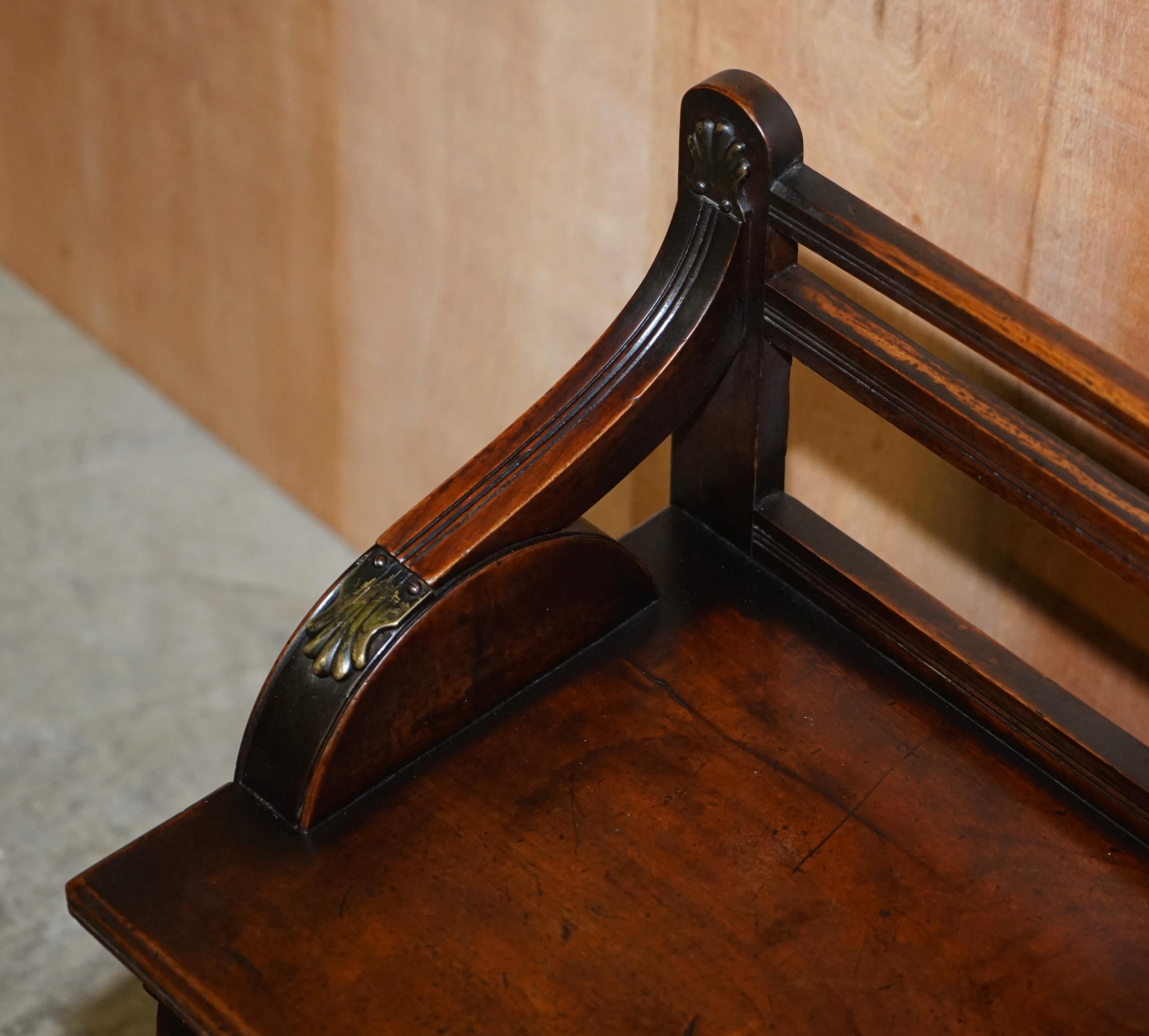 English Antique Jas Shoolbred Hall Bench with Brass Mounts & Walnut Frame circa 1890 For Sale