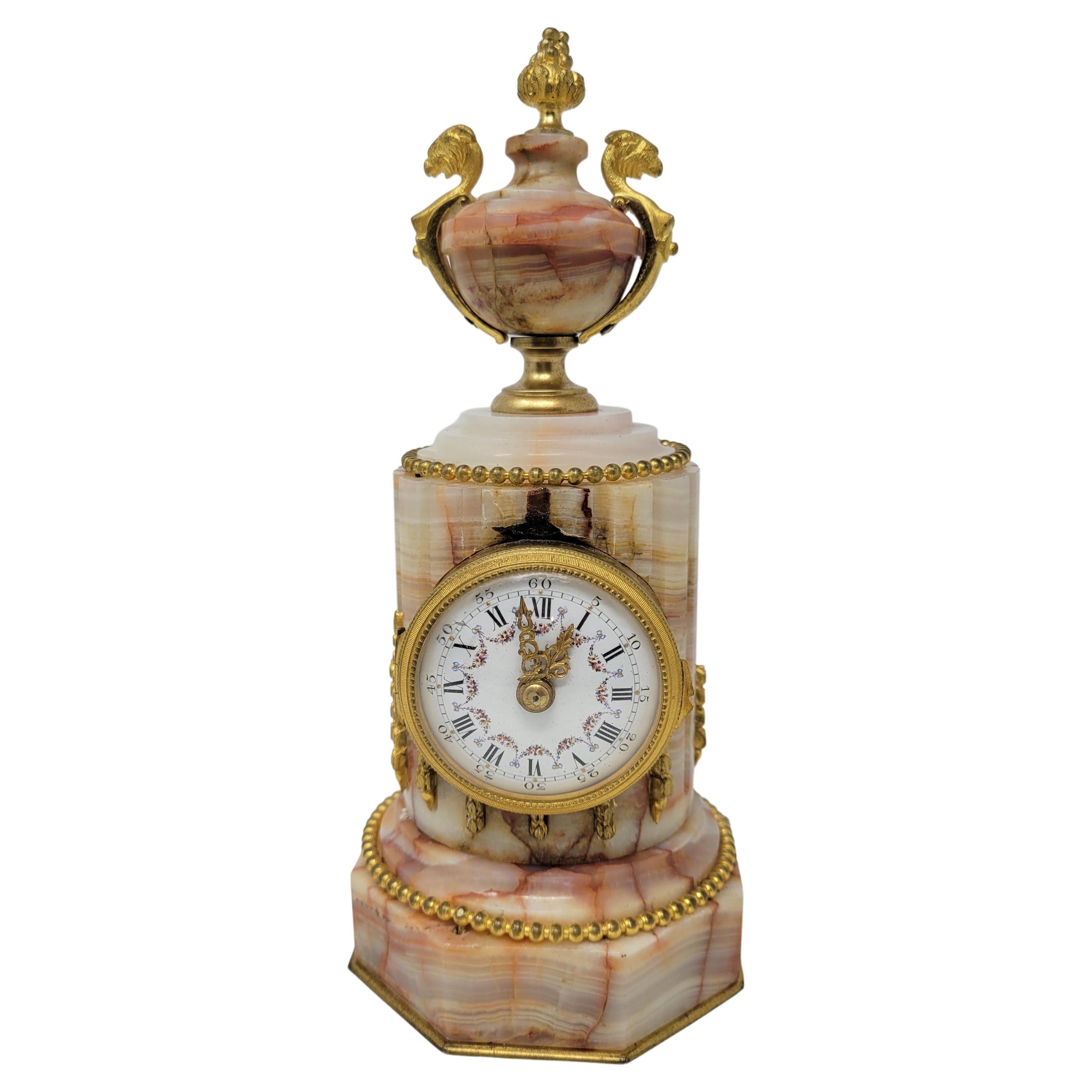 Antique Jasper and Gold Bronze Column Clock