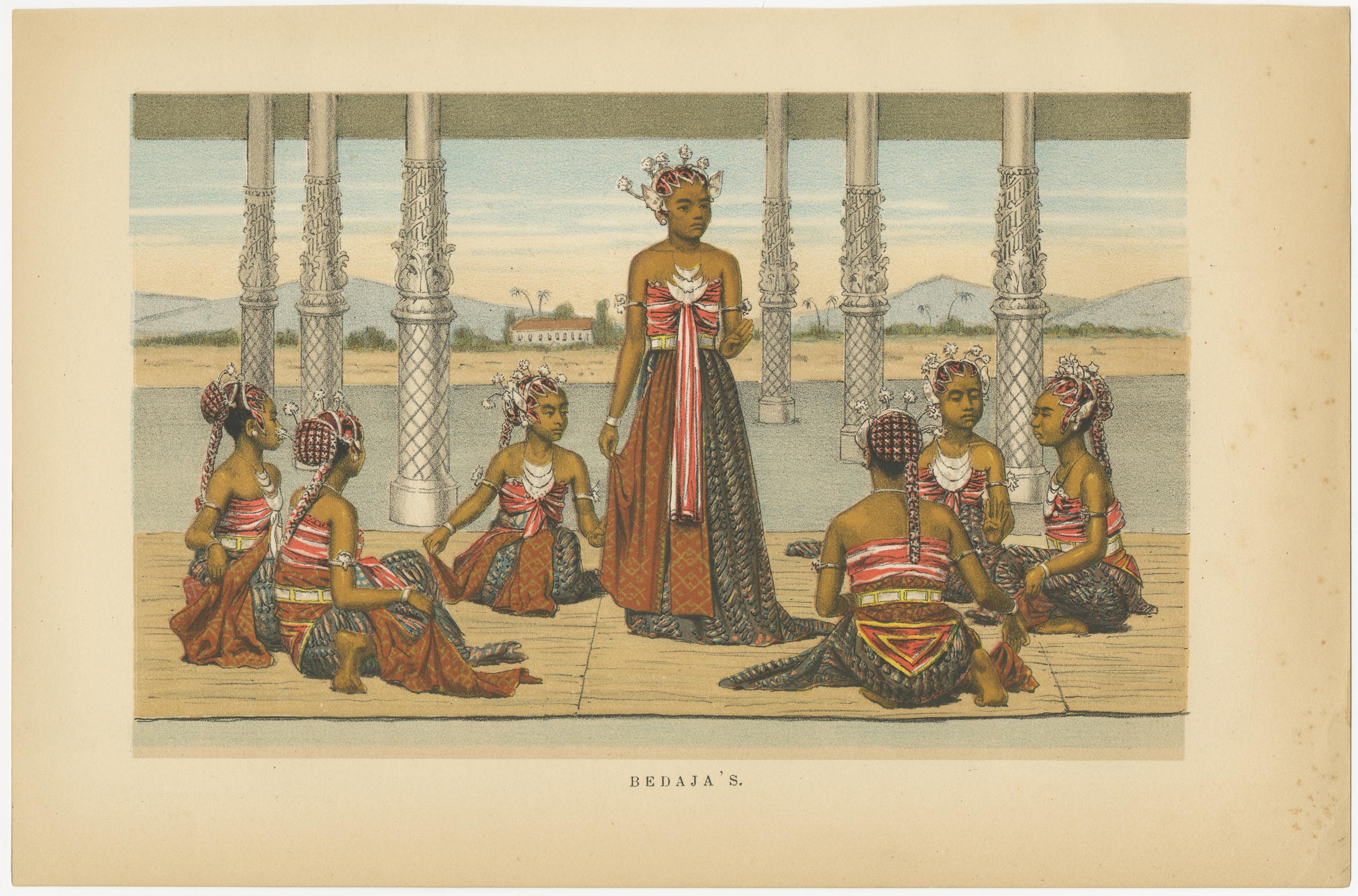 Antique Javanese Costume & Dance Prints – Bedajas and Ronggeng – c.1860

This pair of richly hand-colored lithographs (unframed) presents scenes of Javanese traditional dance and costume, produced in the mid-19th century when European interest in