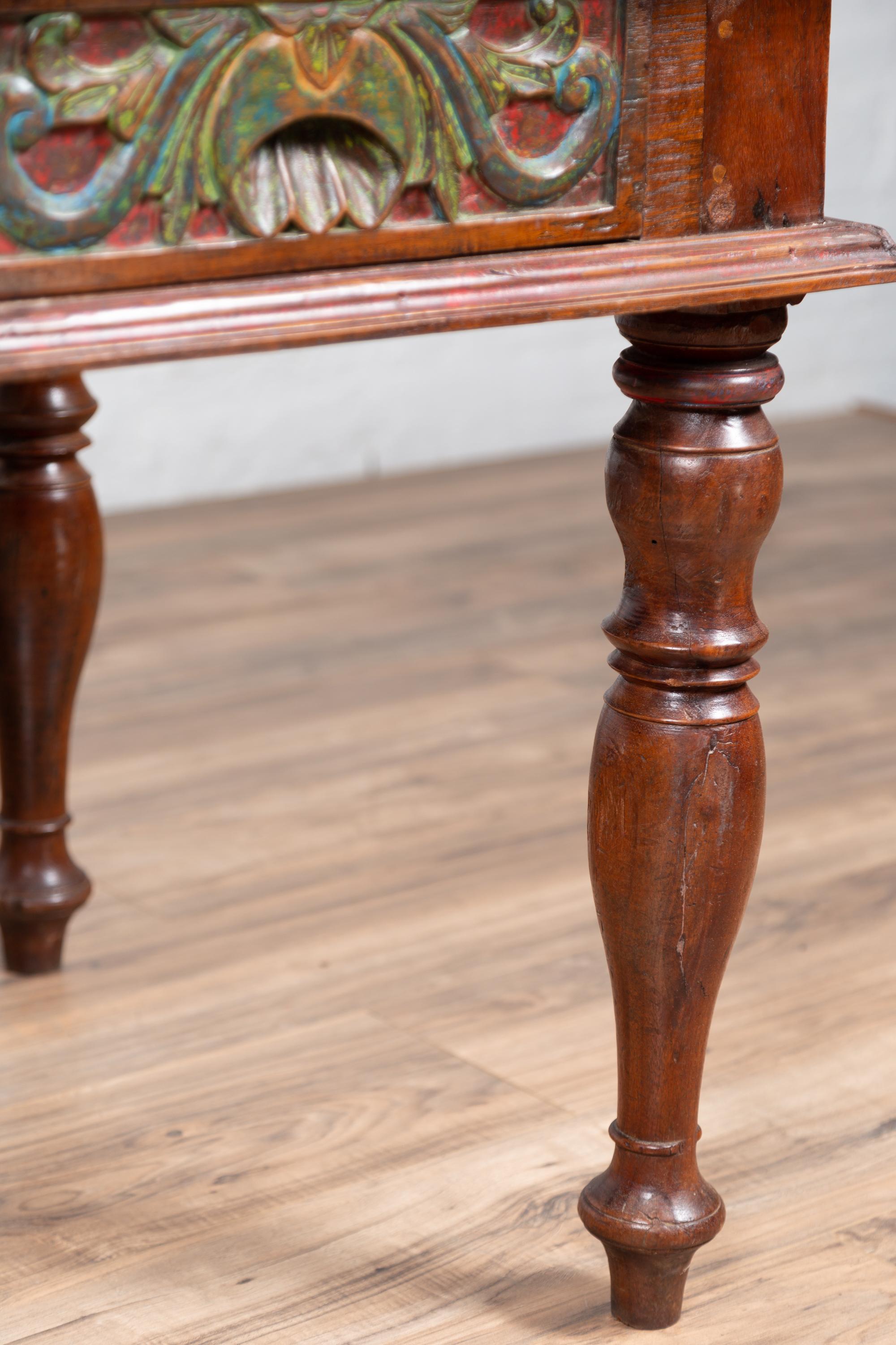 Antique Javanese Kneehole Desk with Polychrome Finish, Drawers and Carved Decor 5