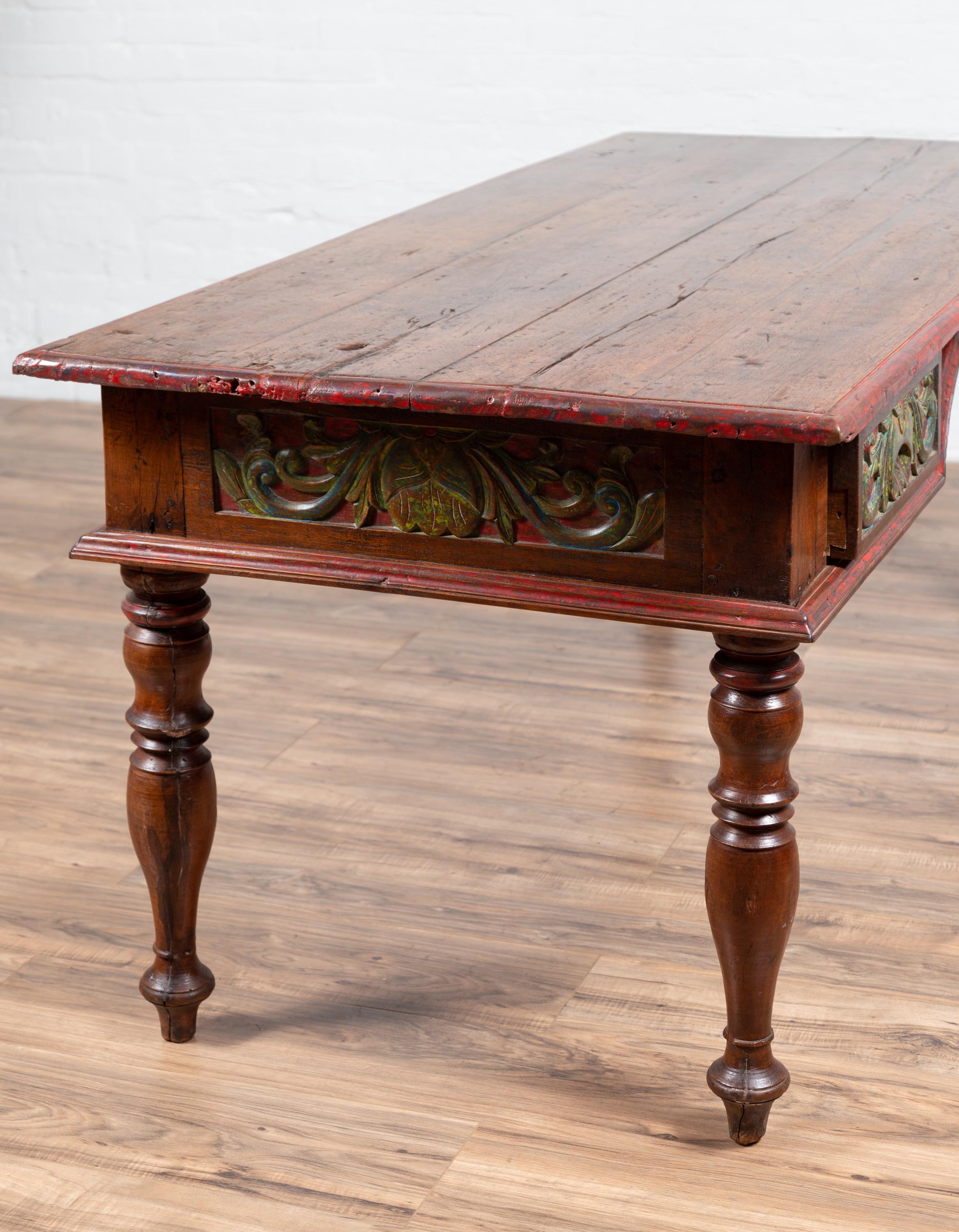 Antique Javanese Kneehole Desk with Polychrome Finish, Drawers and Carved Decor 12