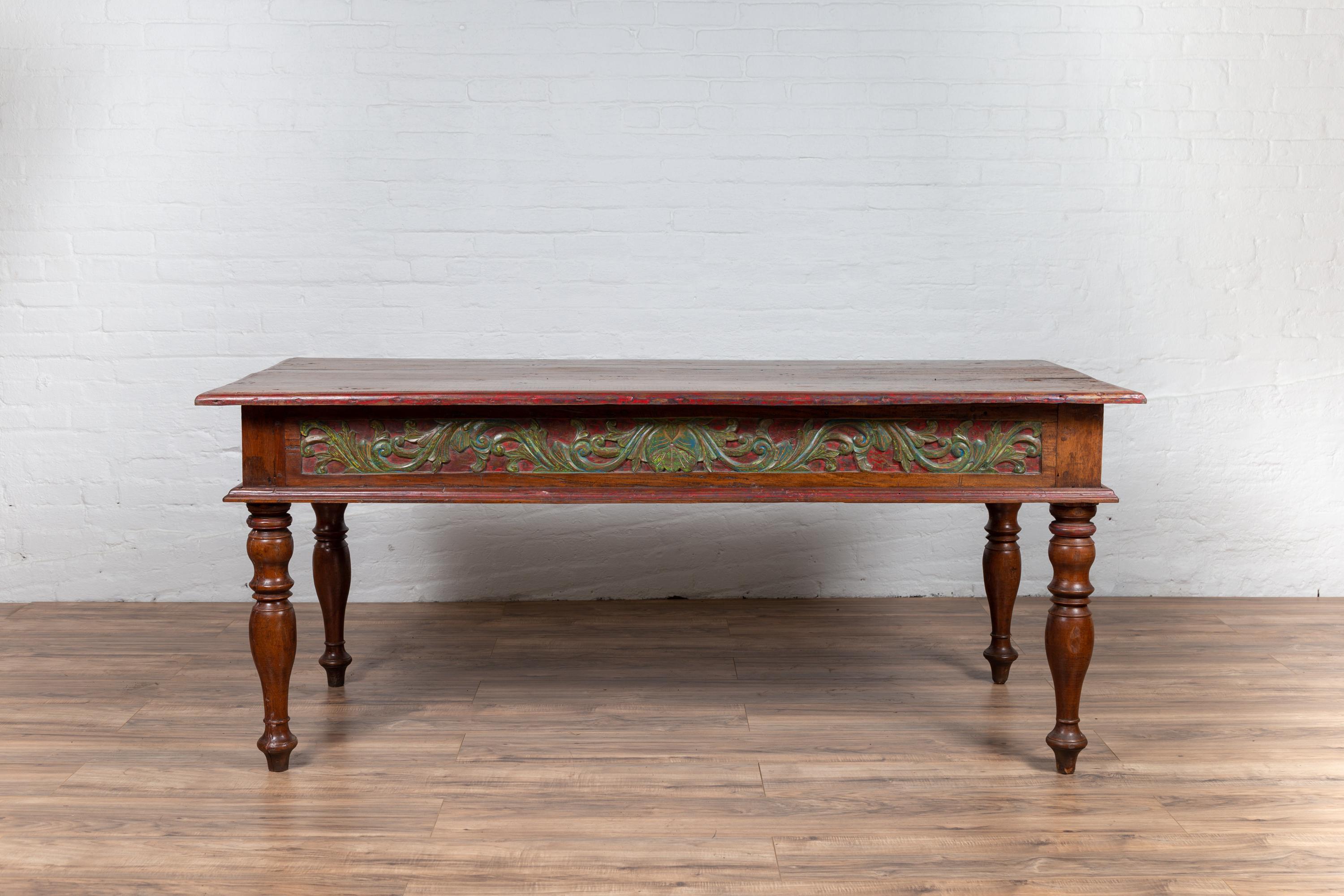 Antique Javanese Kneehole Desk with Polychrome Finish, Drawers and Carved Decor 14