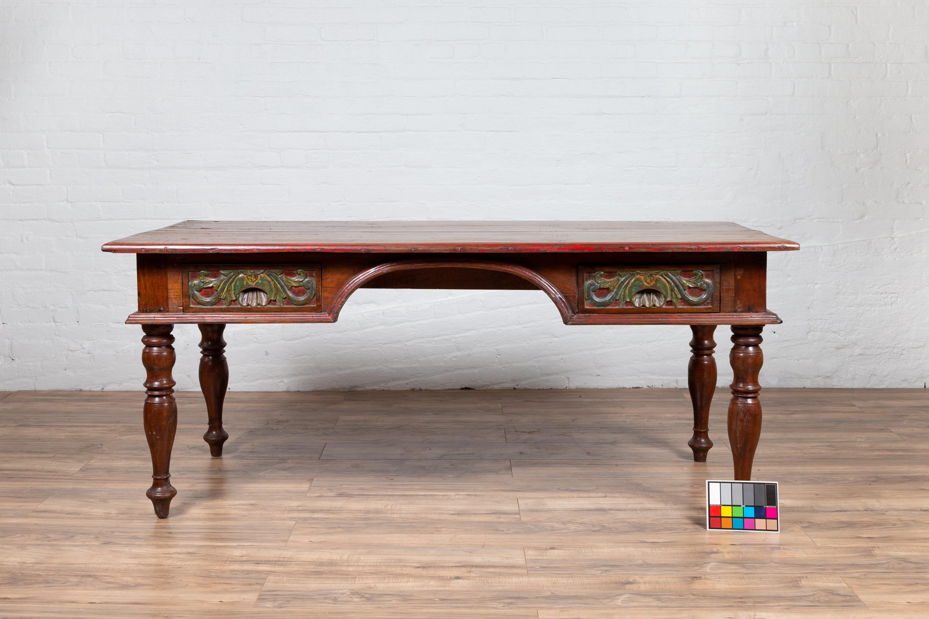Antique Javanese Kneehole Desk with Polychrome Finish, Drawers and Carved Decor 15