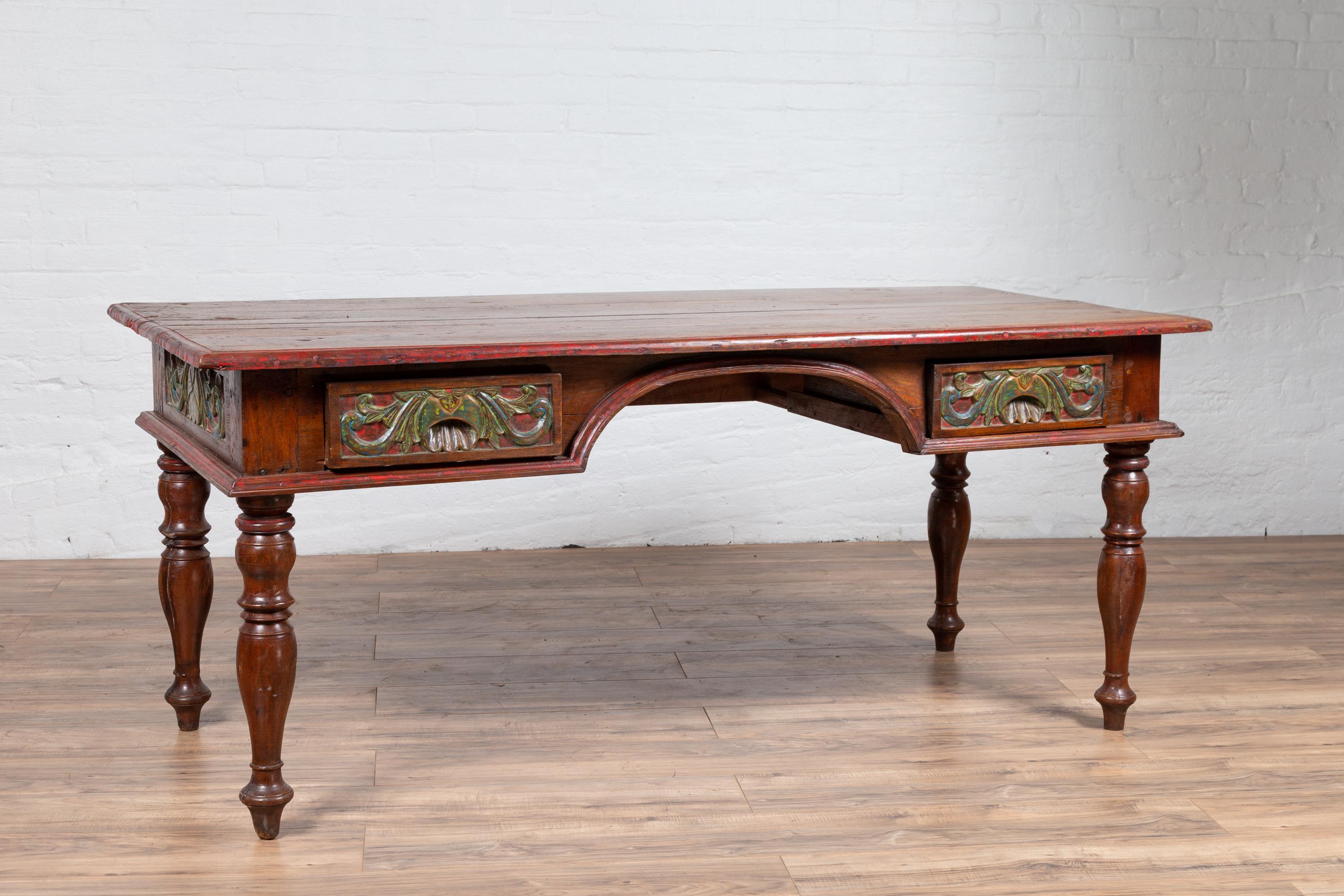Antique Javanese Kneehole Desk with Polychrome Finish, Drawers and Carved Decor In Good Condition In Yonkers, NY