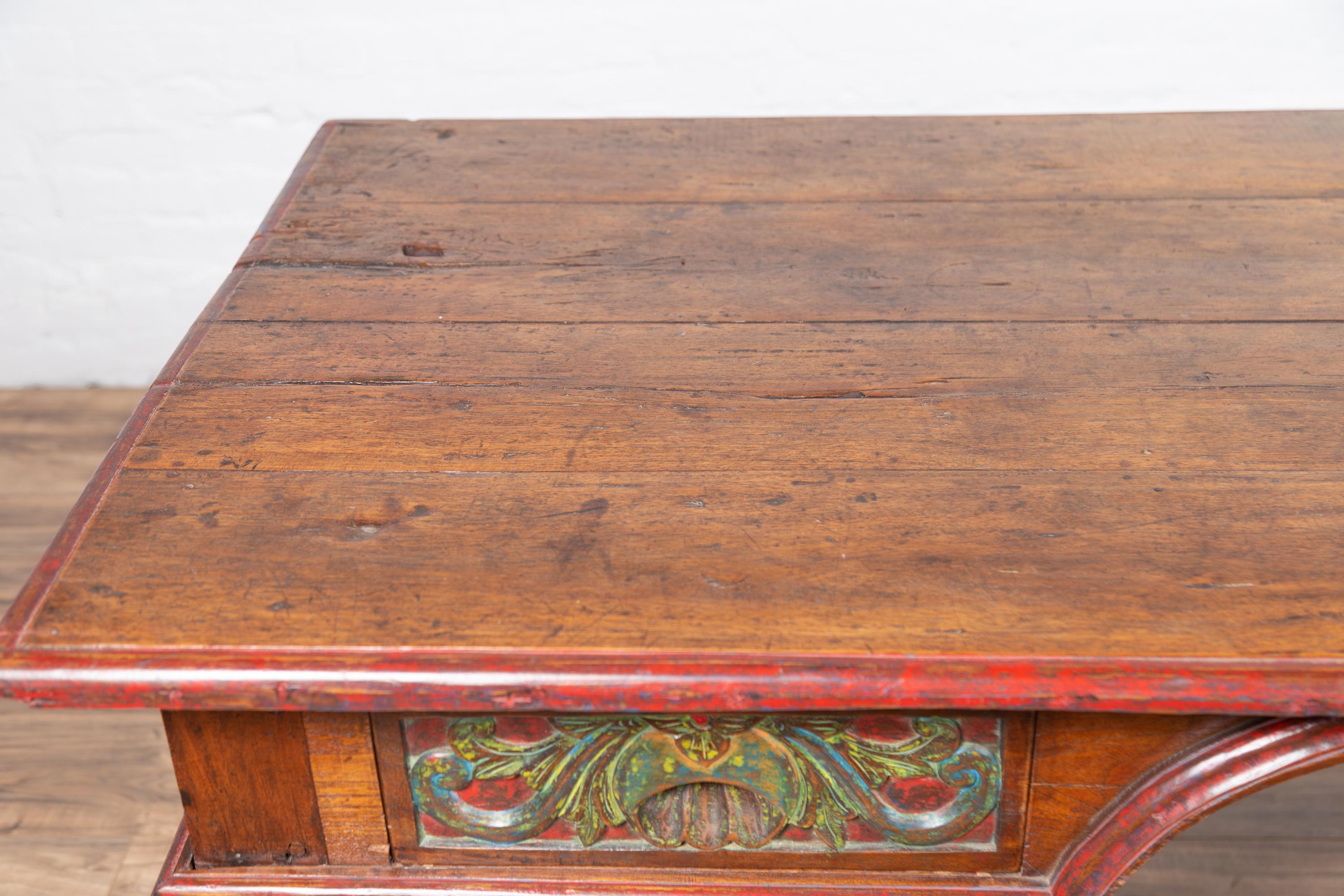 Wood Antique Javanese Kneehole Desk with Polychrome Finish, Drawers and Carved Decor