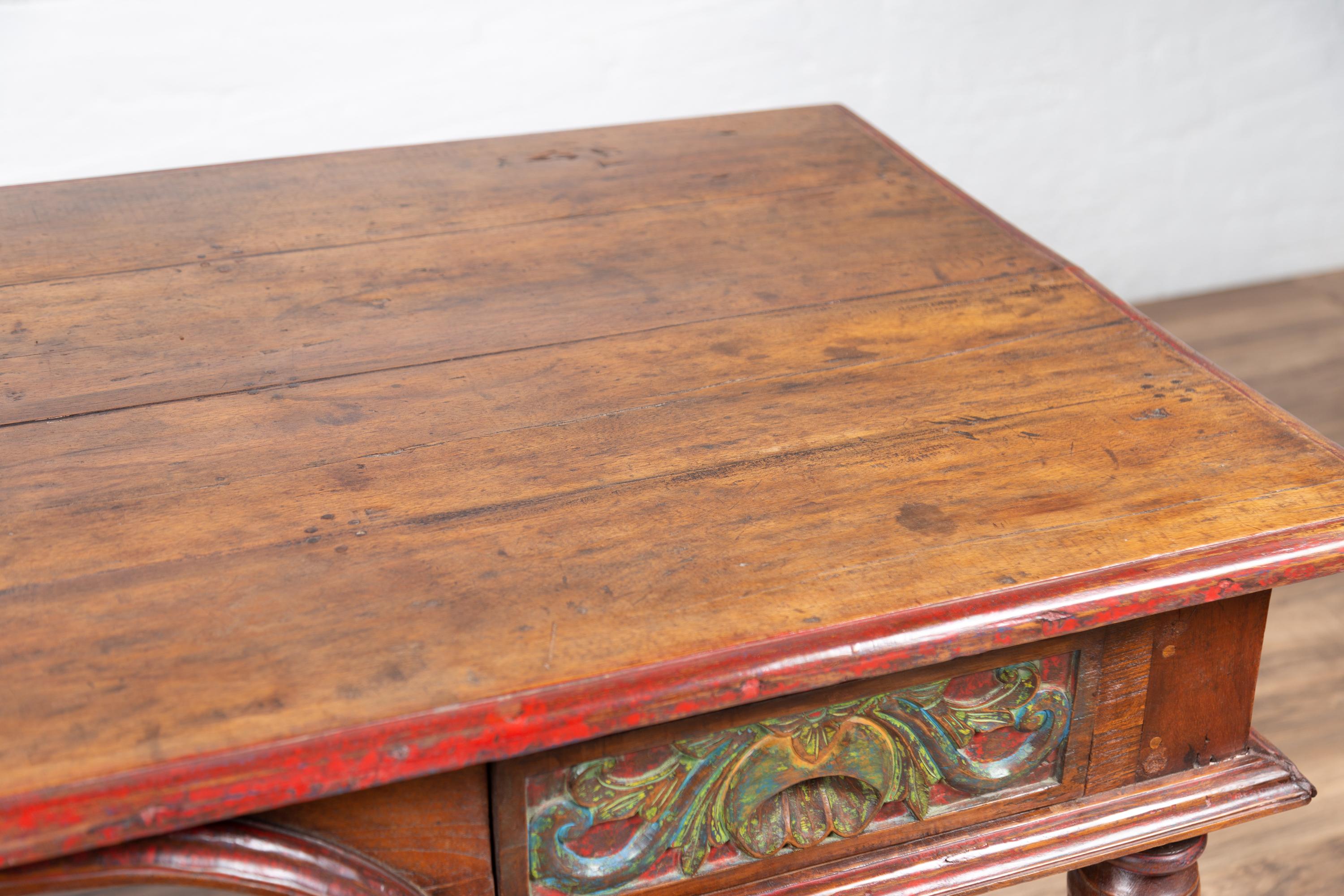 Antique Javanese Kneehole Desk with Polychrome Finish, Drawers and Carved Decor 2