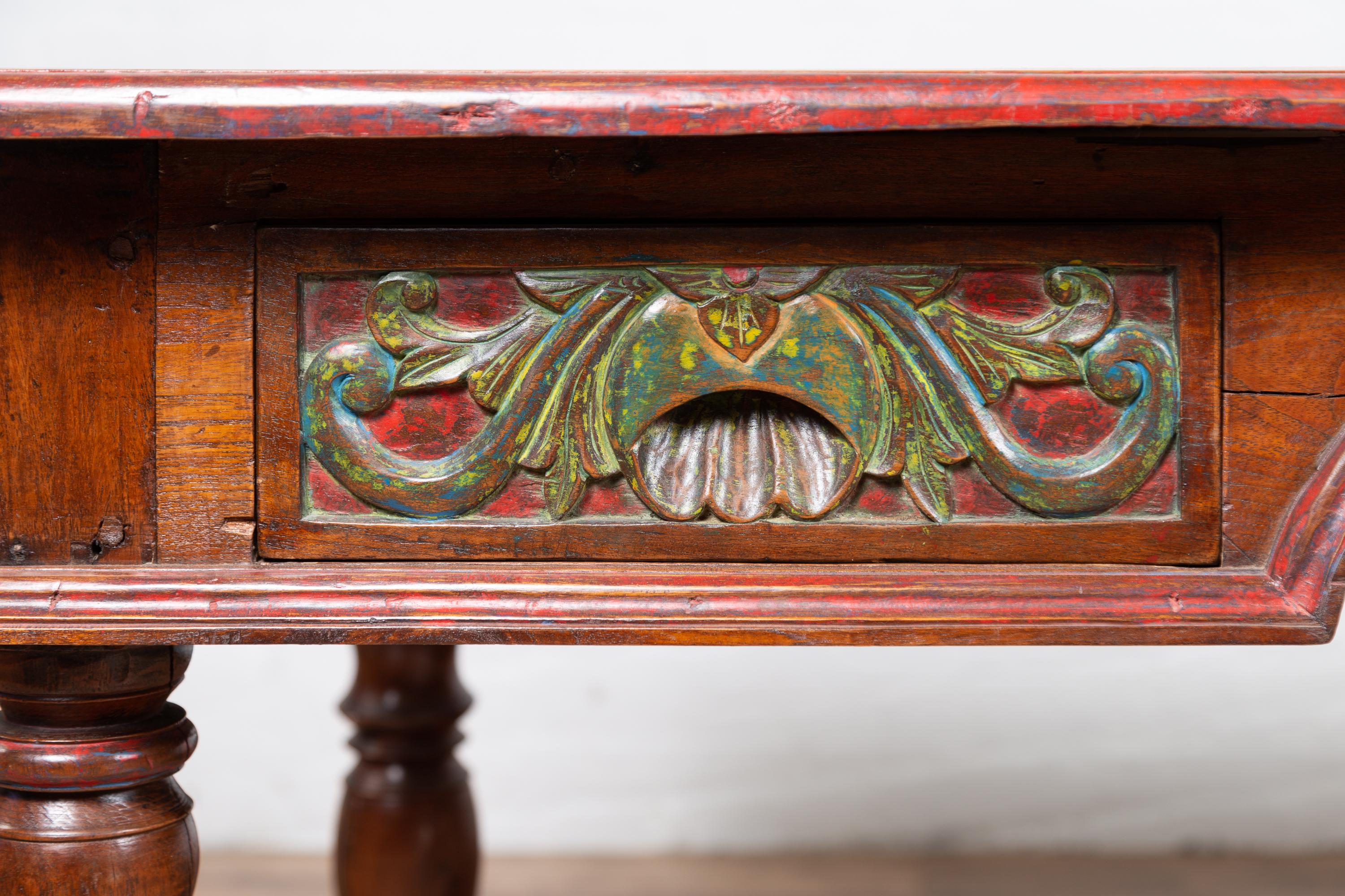Antique Javanese Kneehole Desk with Polychrome Finish, Drawers and Carved Decor 3