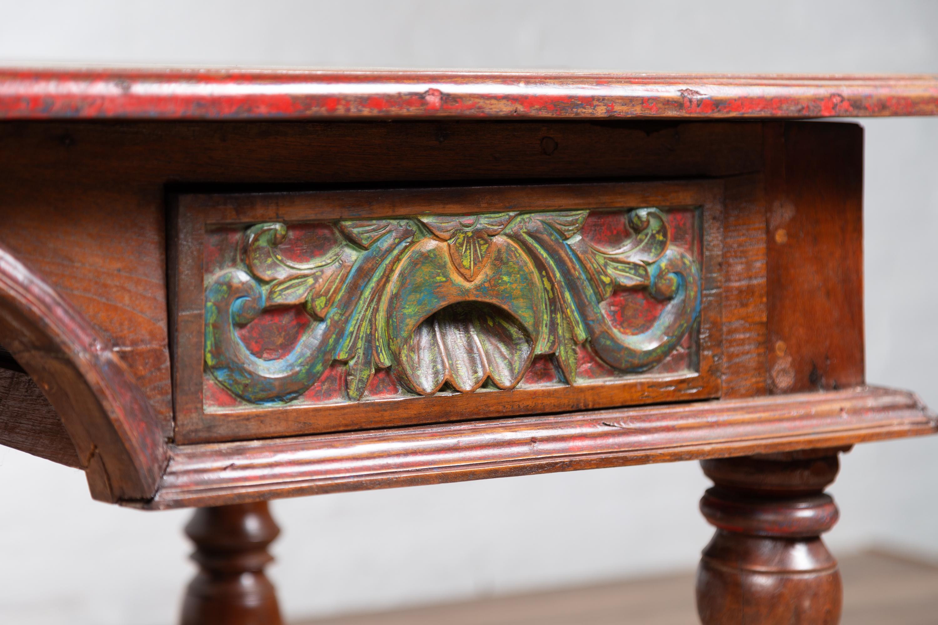 Antique Javanese Kneehole Desk with Polychrome Finish, Drawers and Carved Decor 4