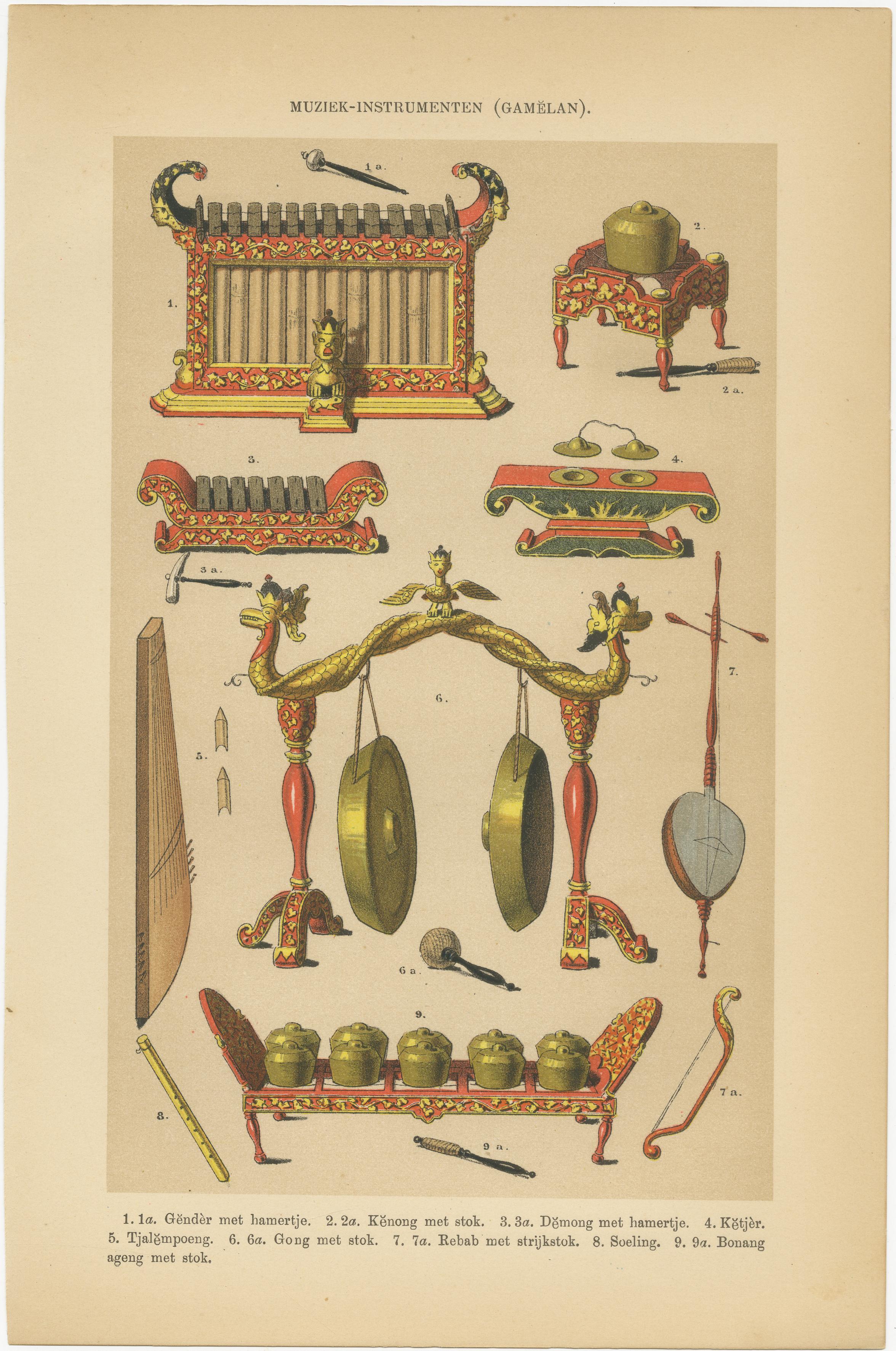 Antique Javanese Prints – Gamelan Instruments & Wayang Puppets – c.1860

This pair of finely hand-colored lithographs presents two central elements of Javanese performing arts: the musical instruments of the Gamelan orchestra and the figures of