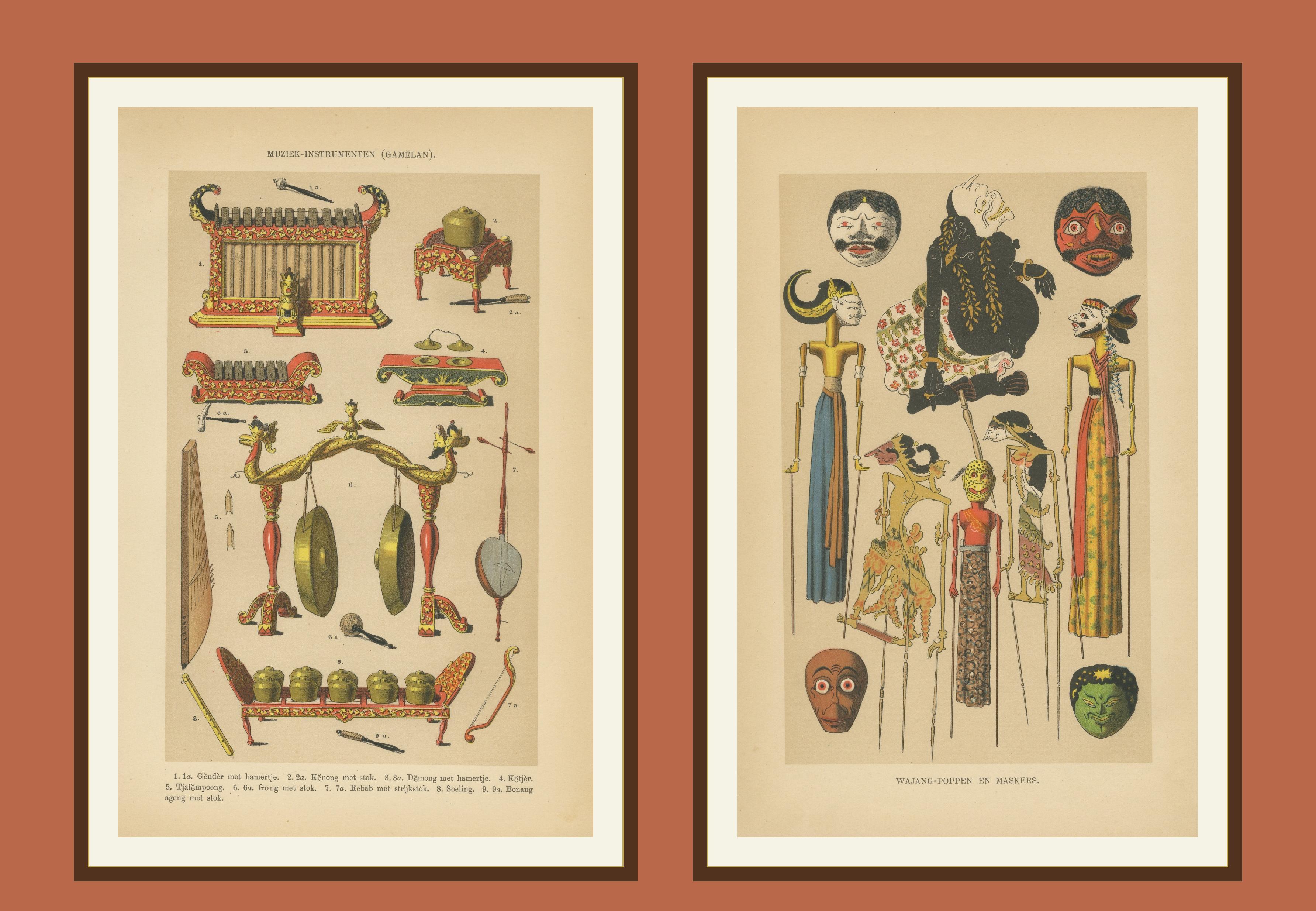 Engraved Antique Javanese Prints – Gamelan Instruments & Wayang Puppets – c.1860 For Sale
