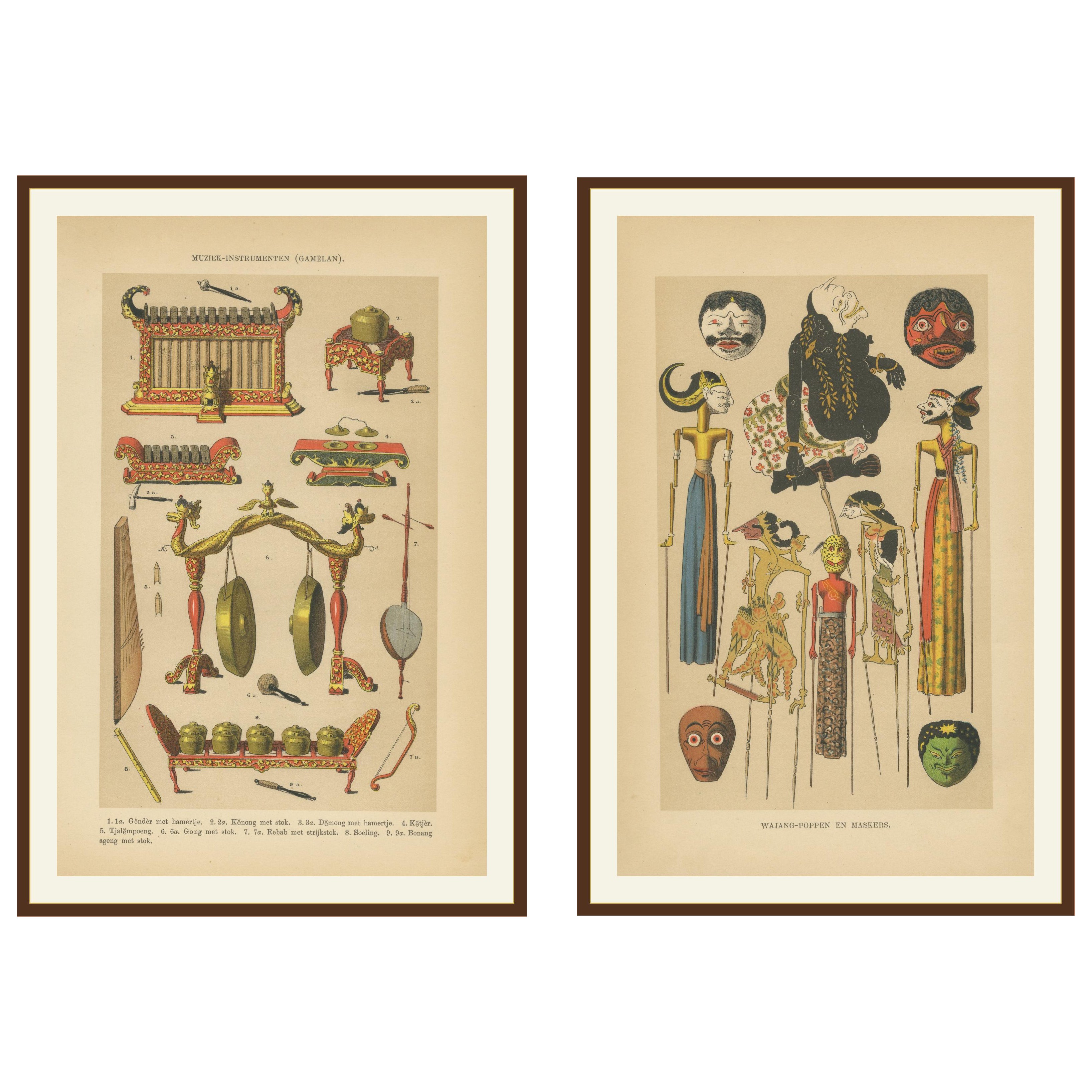 Antique Javanese Prints – Gamelan Instruments & Wayang Puppets – c.1860 For Sale