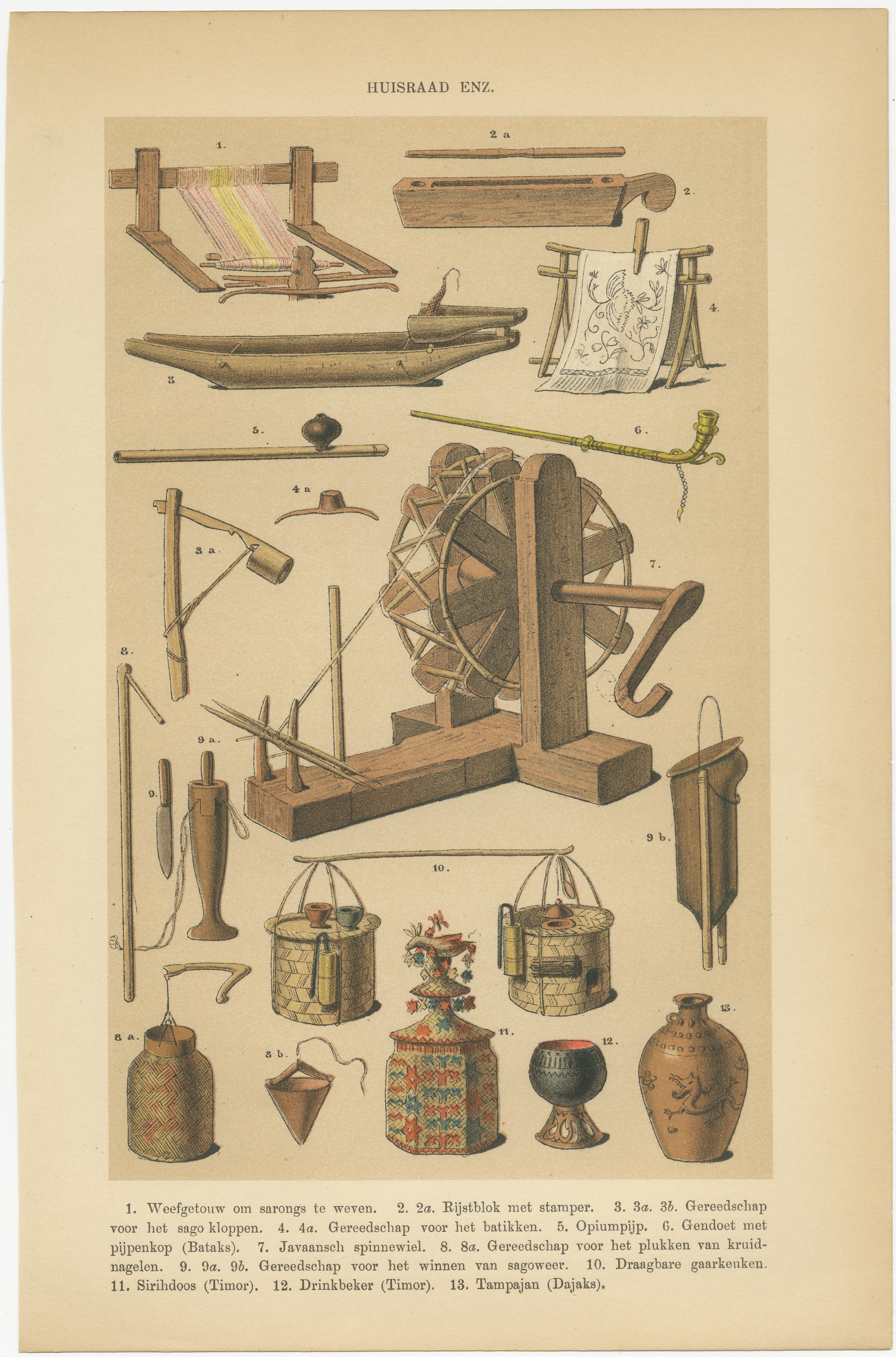 Engraved Antique Javanese Prints – Houses, Farming Tools & Household Utensils – c.1860 For Sale