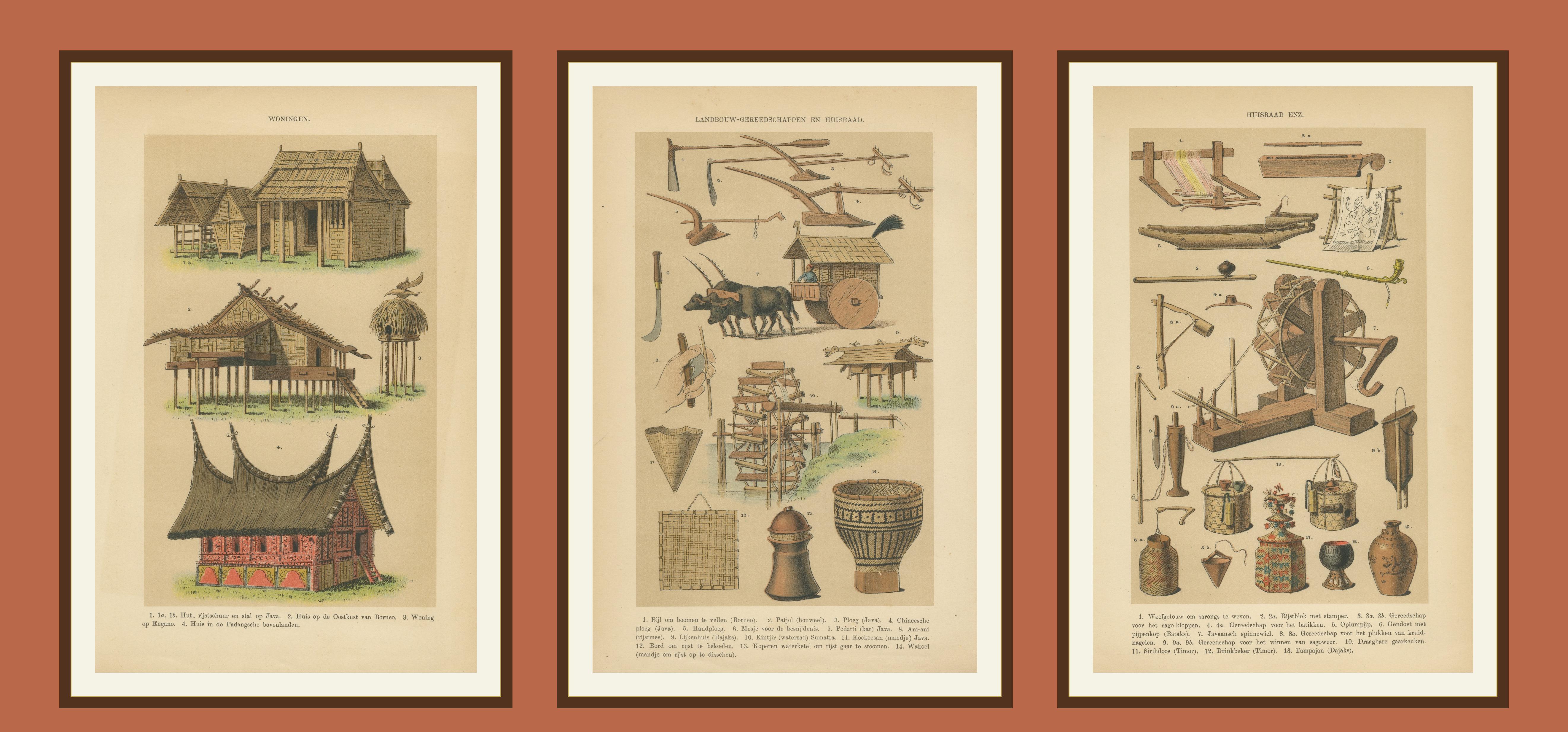 Antique Javanese Prints – Houses, Farming Tools & Household Utensils – c.1860 In Good Condition For Sale In Langweer, NL