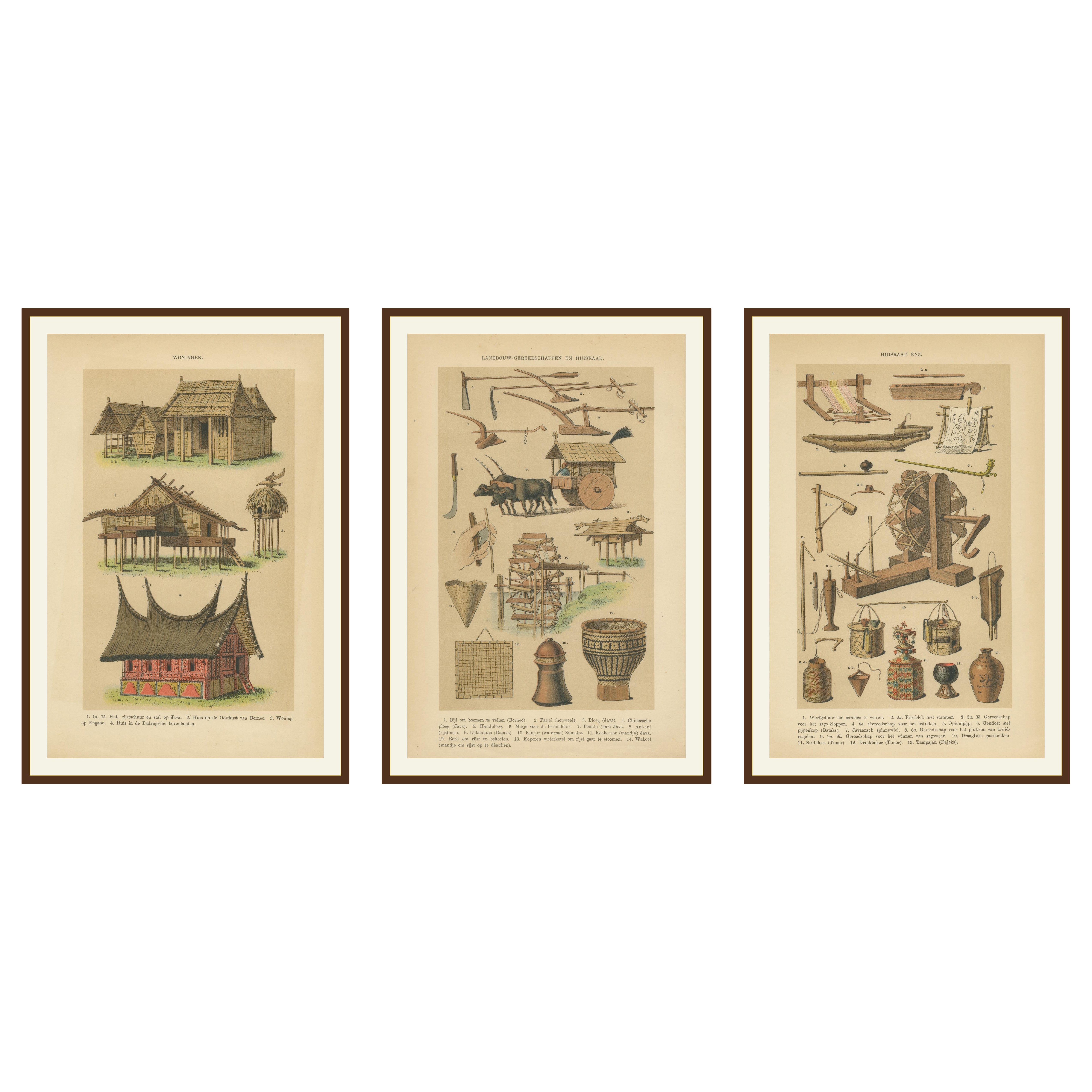 Antique Javanese Prints – Houses, Farming Tools & Household Utensils – c.1860