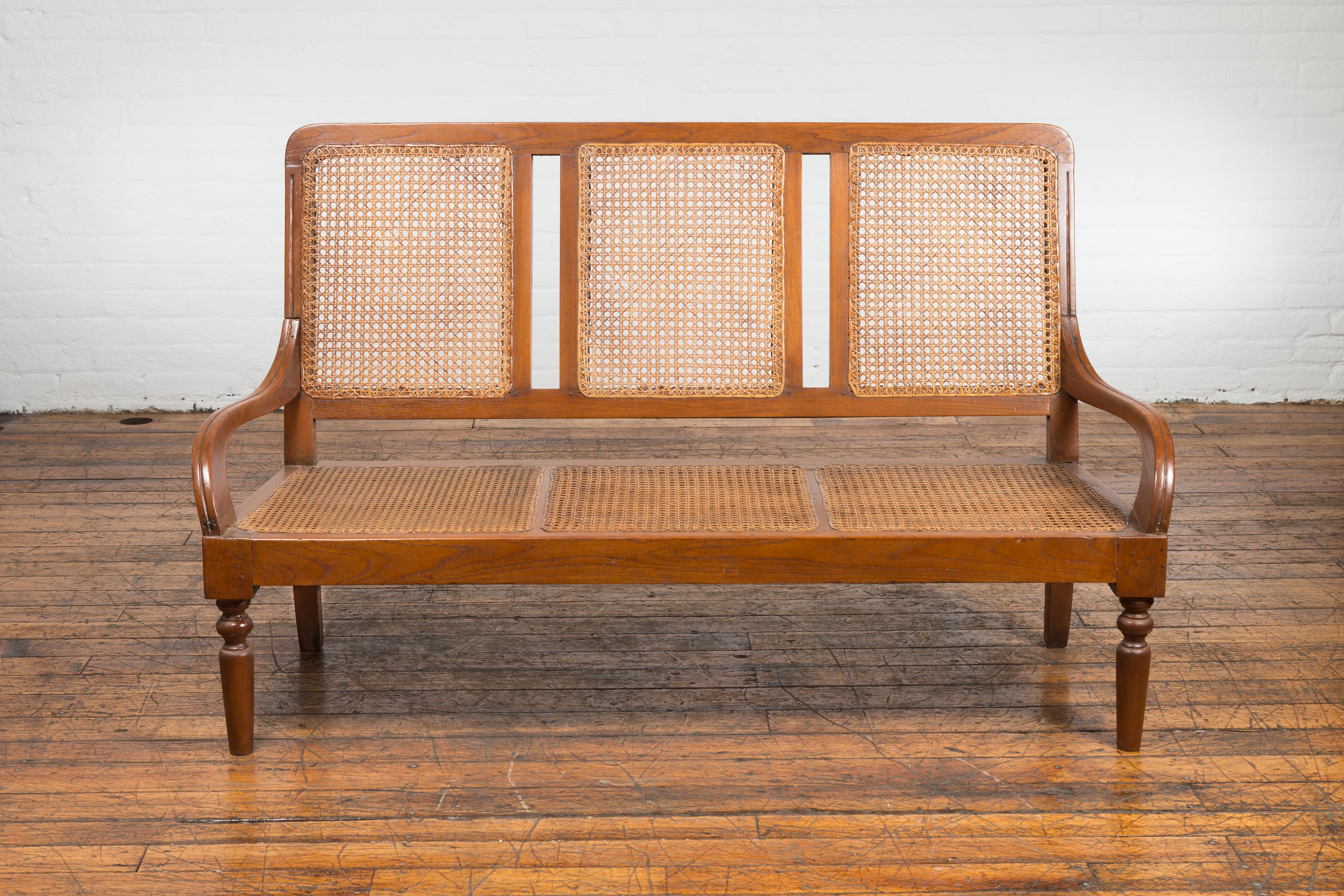 Carved Woven Rattan Antique Settee For Sale