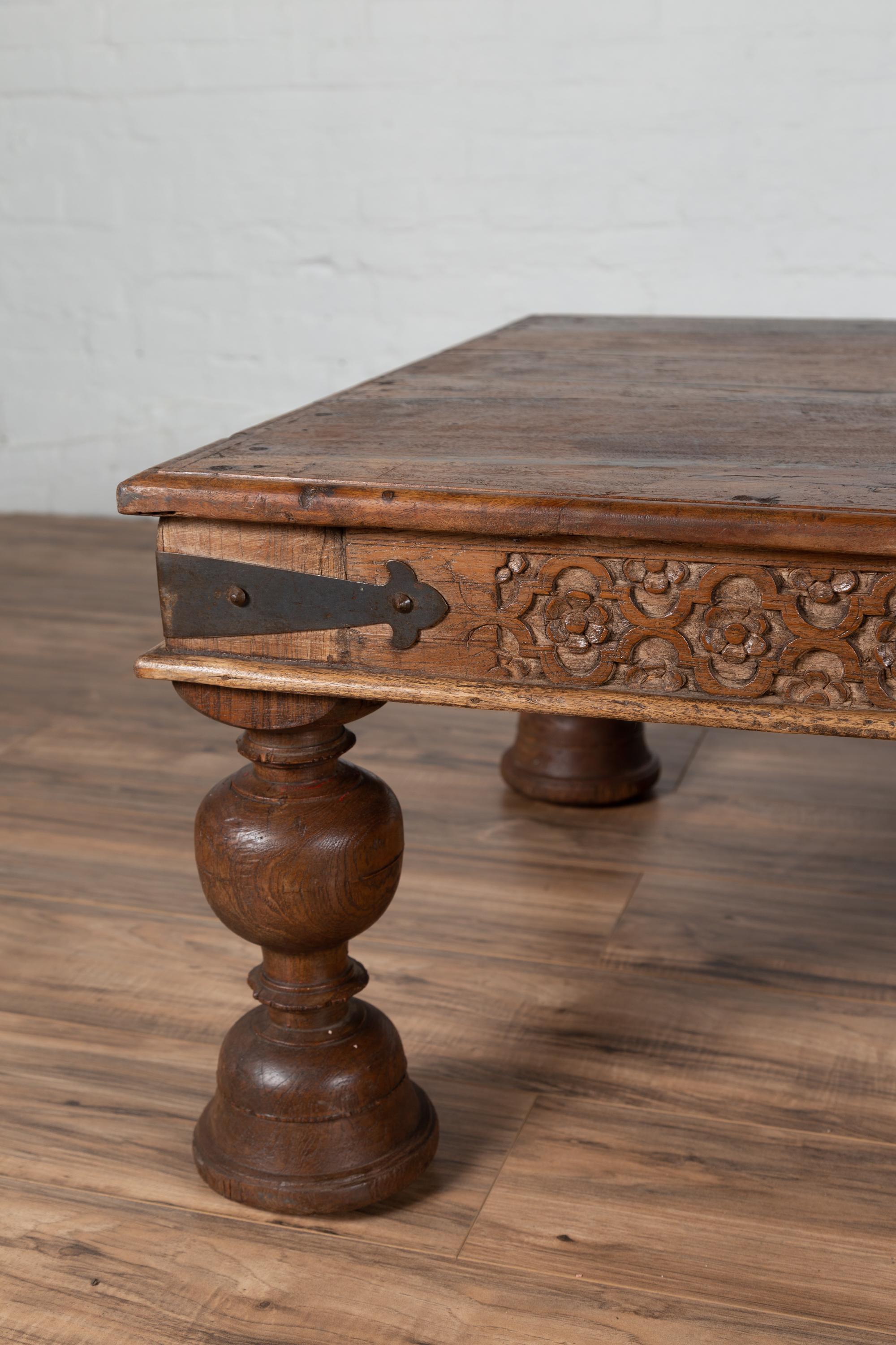 Chinese Antique Javanese Teak Wood Coffee Table with Hand Carved Floral Themed Apron