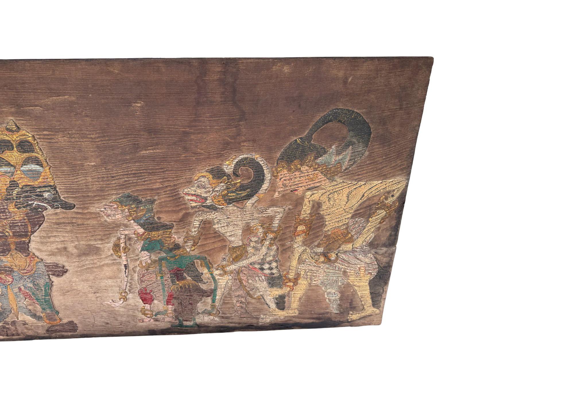 Hand-Crafted Antique Javanese Teak Wood Panel Wayang Mythology c. 1920 For Sale