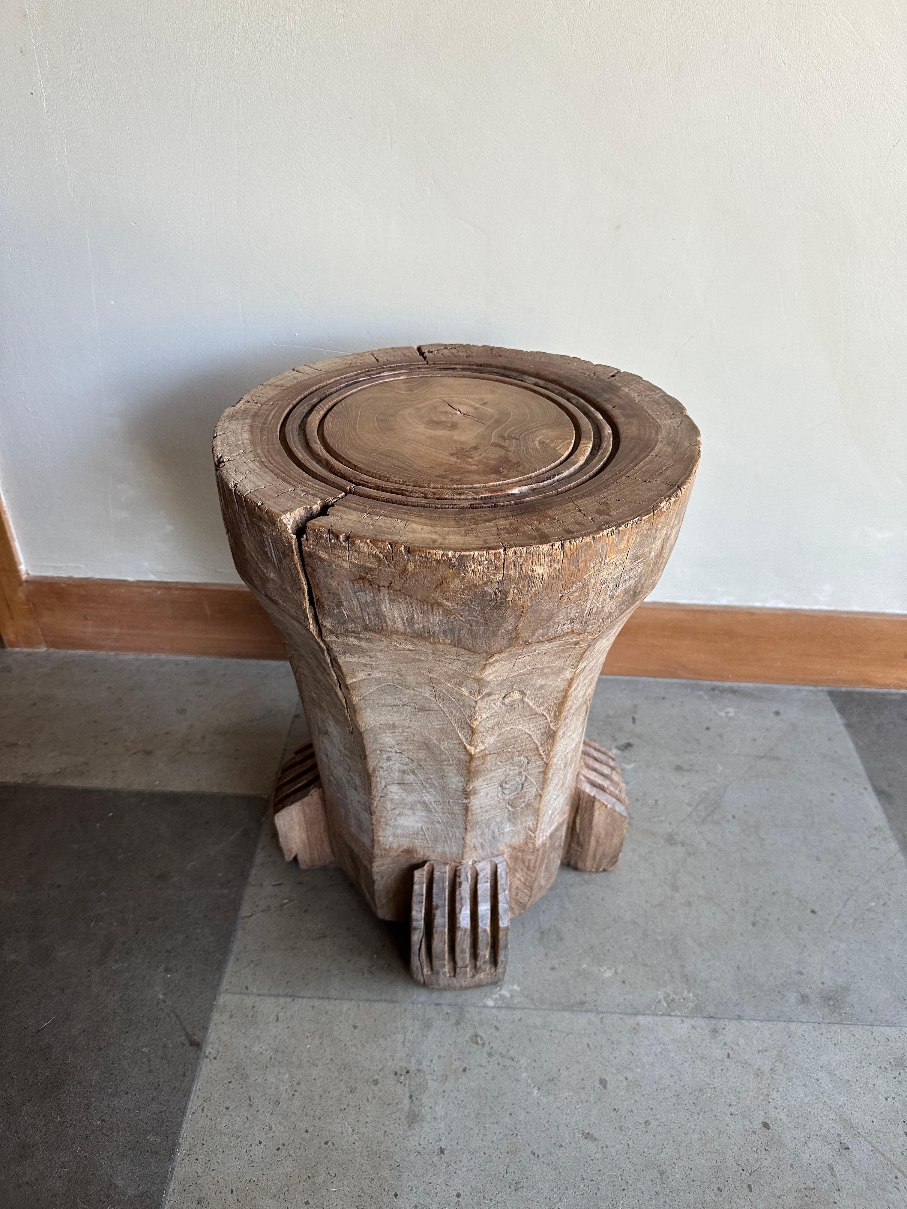 Organic Modern Antique Javanese Teak Wood Stool, carved detailing