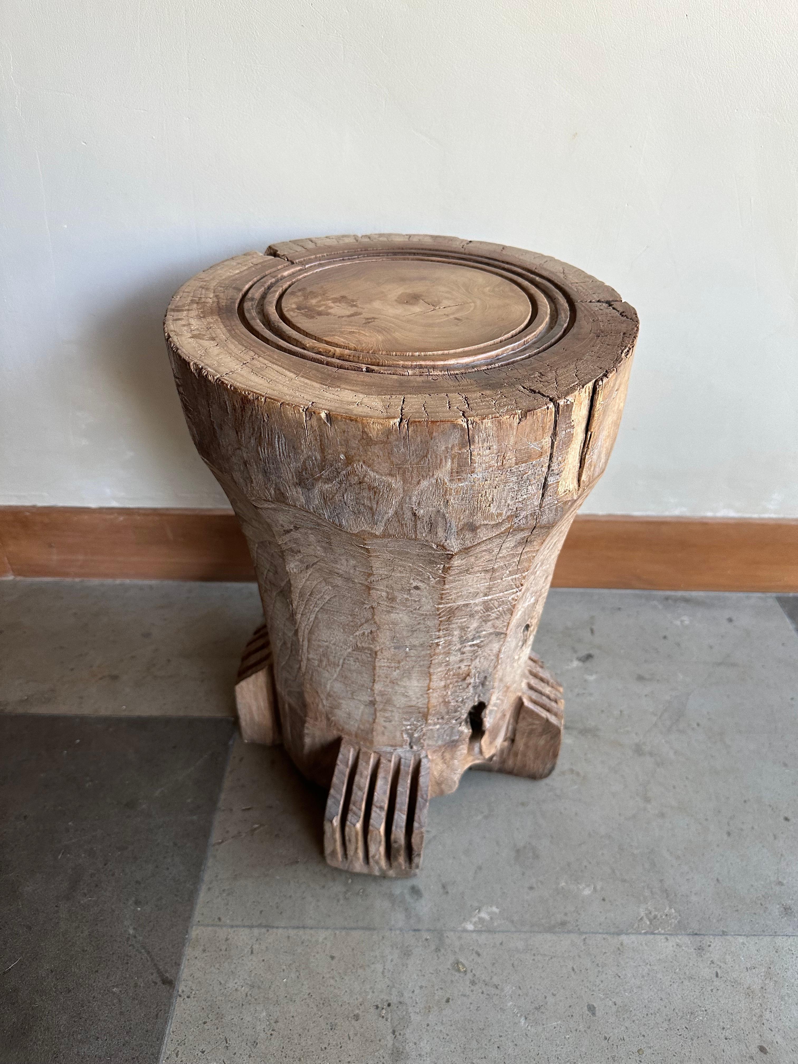 Hand-Crafted Antique Javanese Teak Wood Stool, carved detailing
