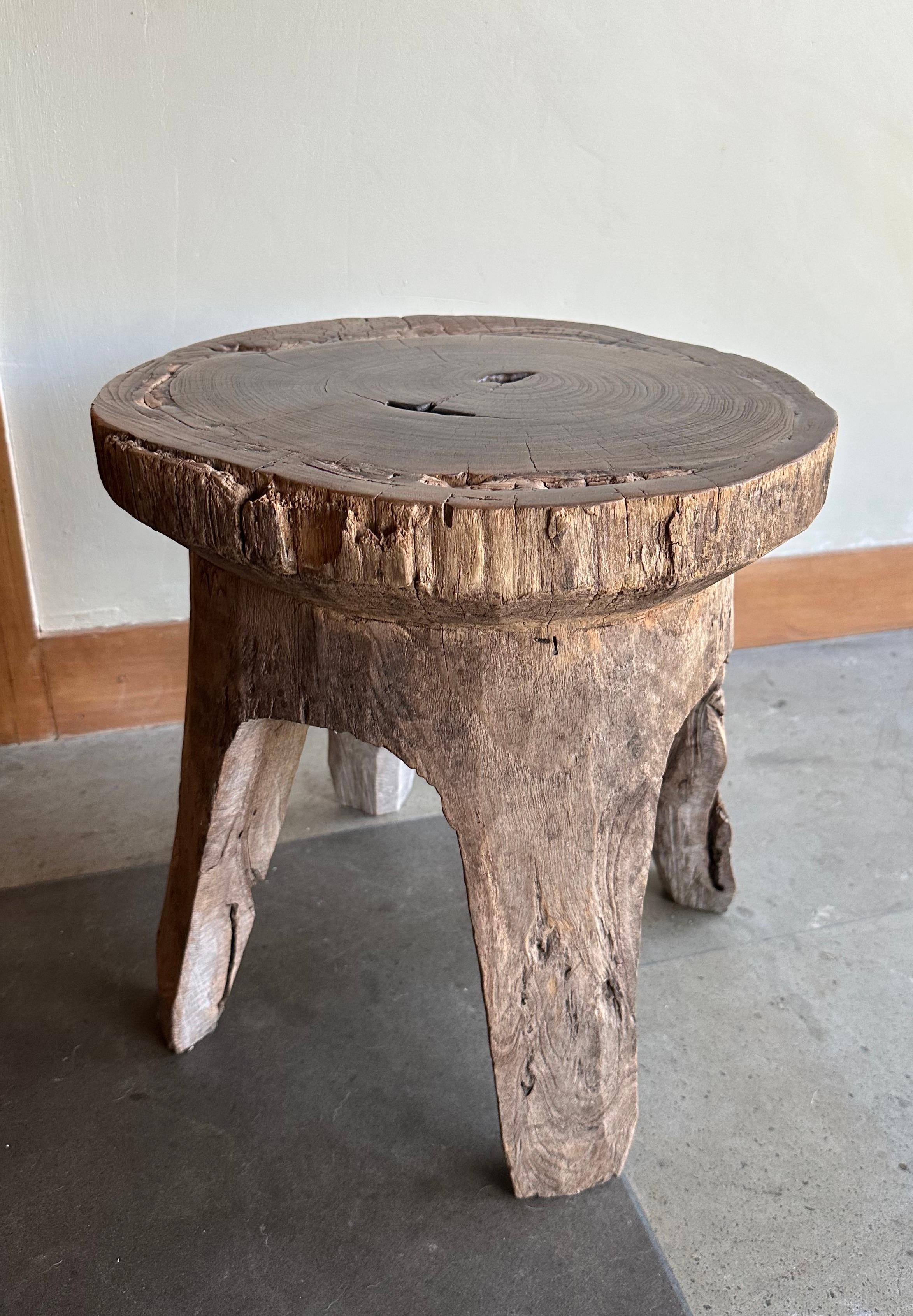Organic Modern Antique Javanese Teak Wood Stool For Sale