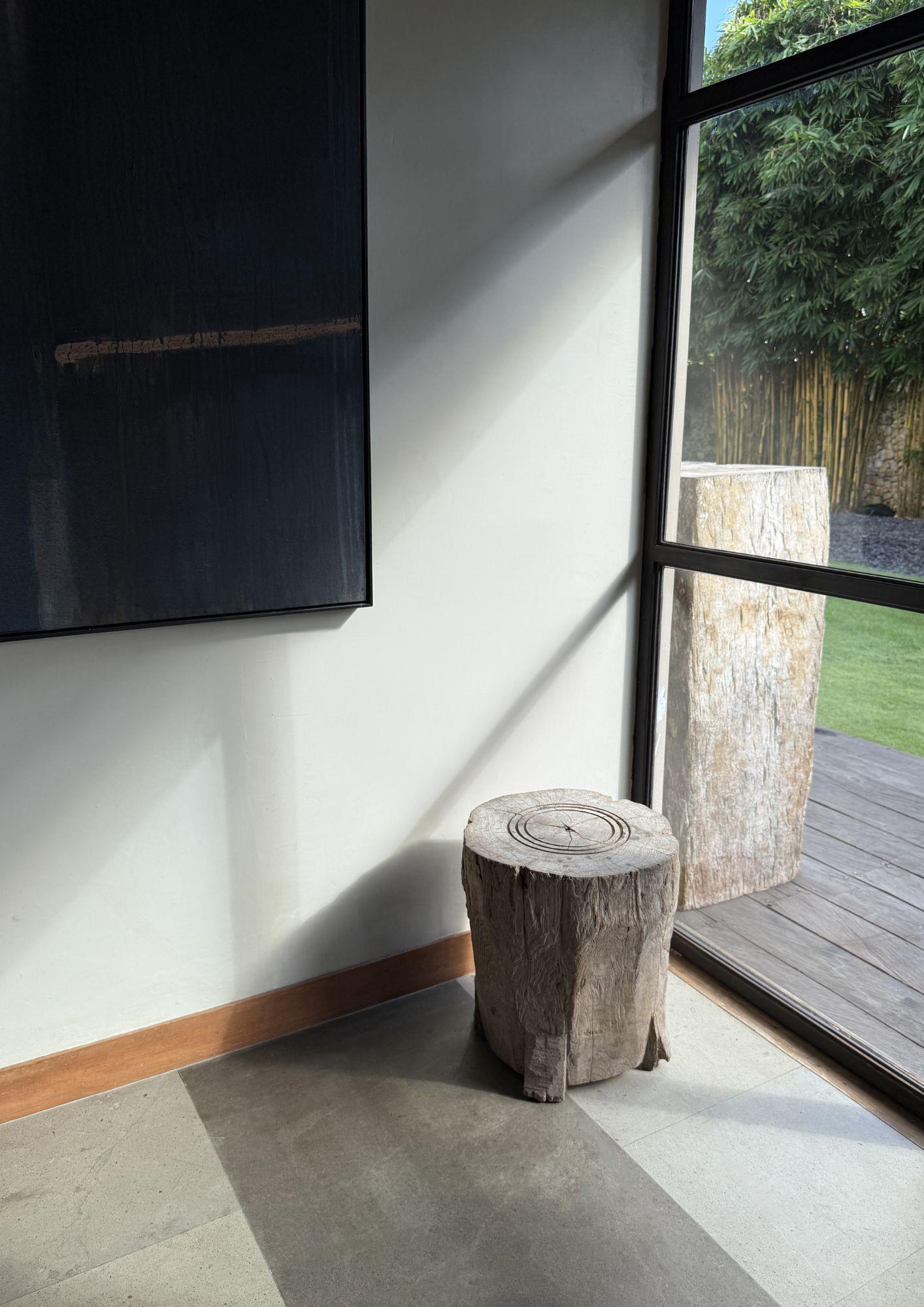 Cette pièce antique polyvalente, fabriquée à la main en bois de teck massif à Java, en Indonésie, sert à la fois de tabouret et de table d'appoint. Sa forme compacte et robuste est enrichie par une magnifique patine d'âge, mettant en évidence des