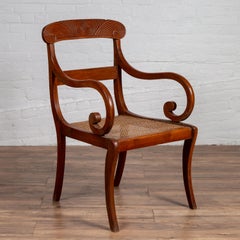 Regency Style Wooden Office Chair with Carved Back, Curving Arms and Rattan Seat