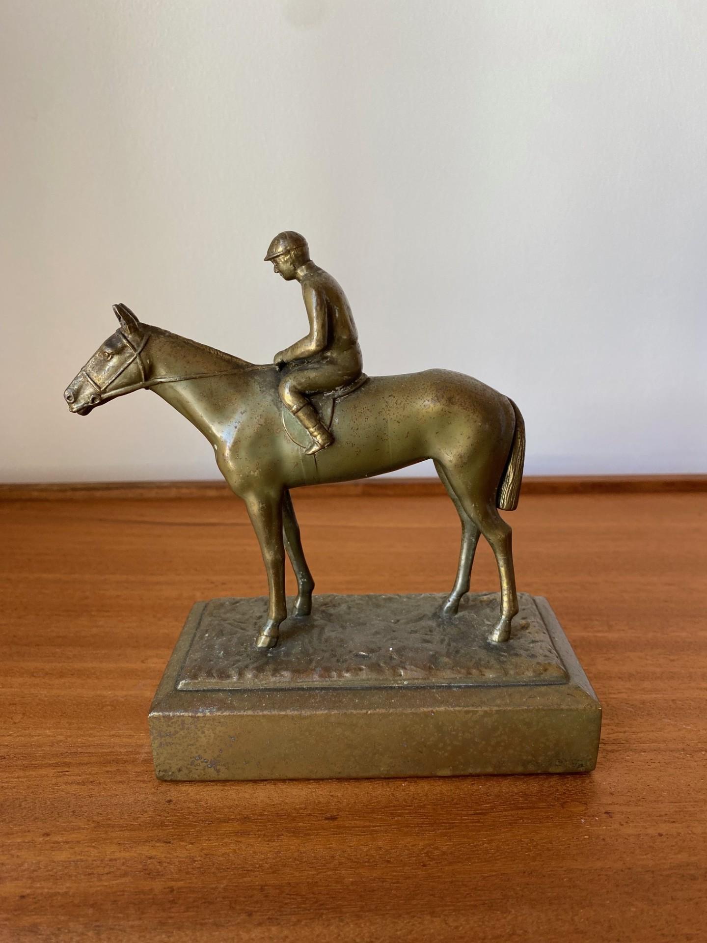 Art Deco Antique J.B. Bronze  Jennings Brothers Jockey and Horse Sculpture For Sale