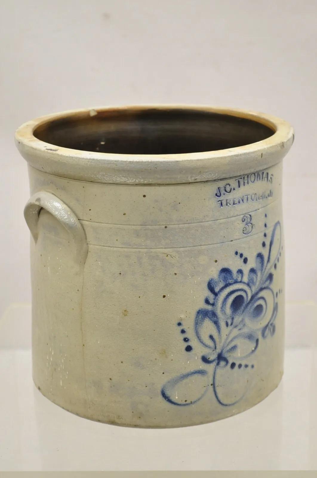 Antique J.C. Thomas Trenton NJ 3 Gallon Stoneware Crock Pot Cobalt Blue Flower For Sale 2