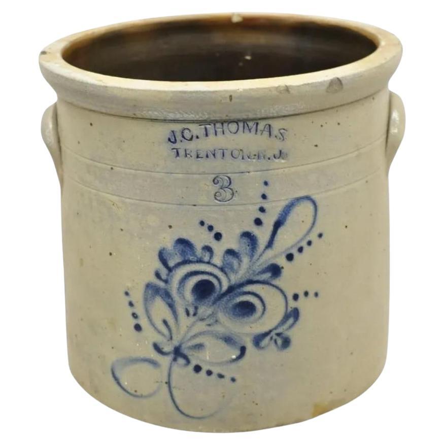 Antique J.C. Thomas Trenton NJ 3 Gallon Stoneware Crock Pot Cobalt Blue Flower For Sale